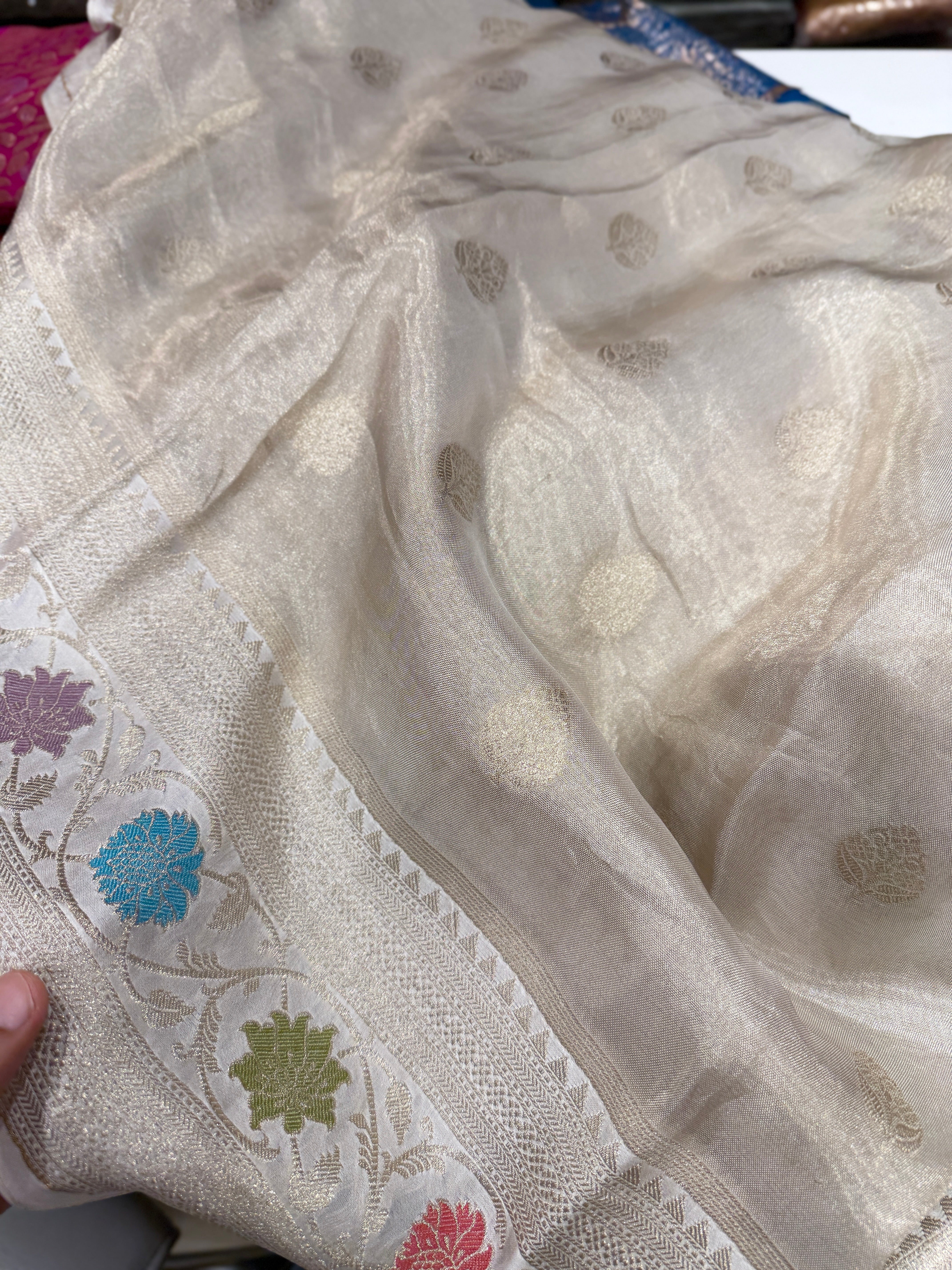 Silver Banarasi Tissue Meenakari Weaved Soft Saree