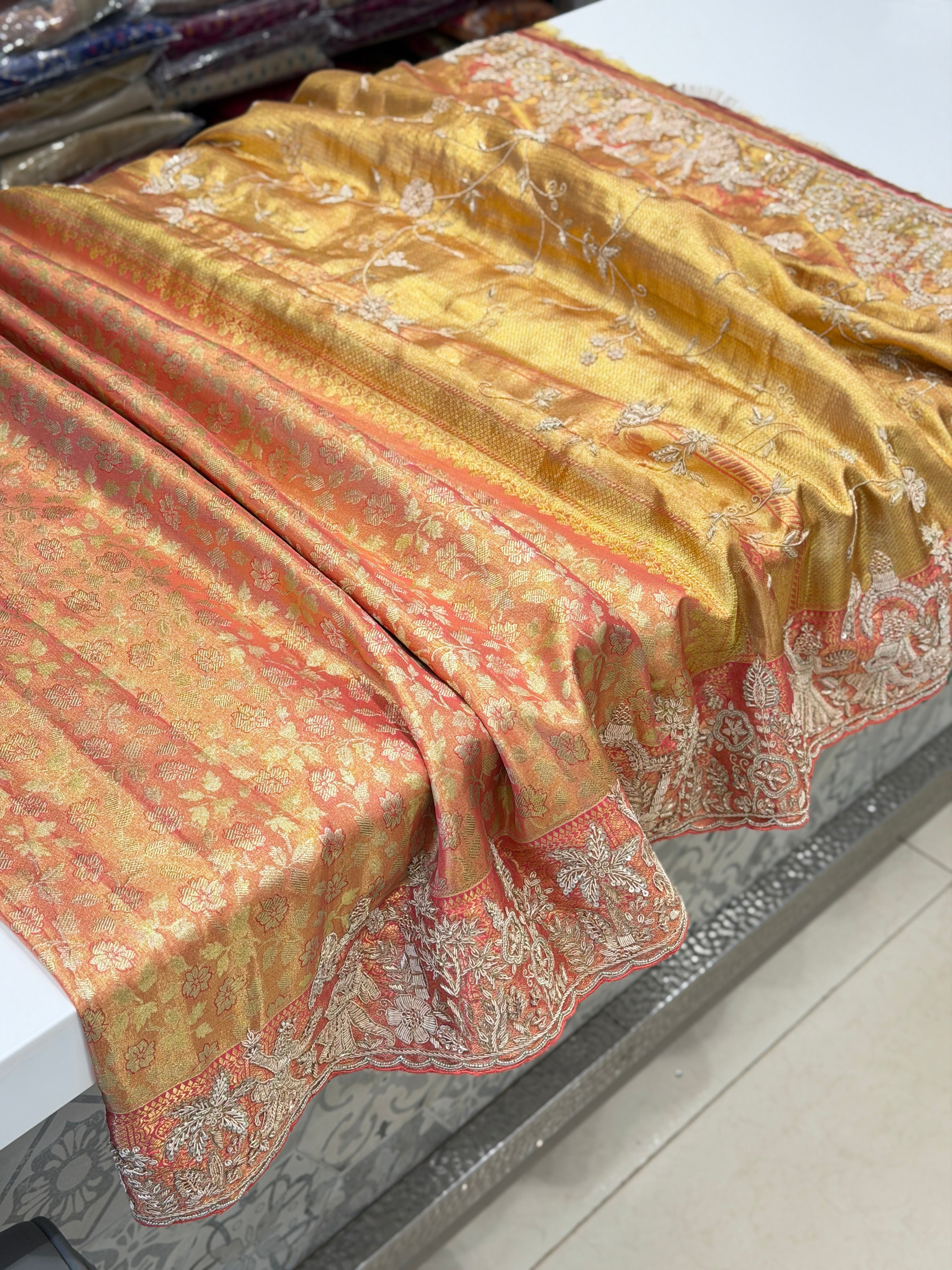 Rose Tissue Kanjivaram Zardosi Hand Embroidery Doli Edit Saree