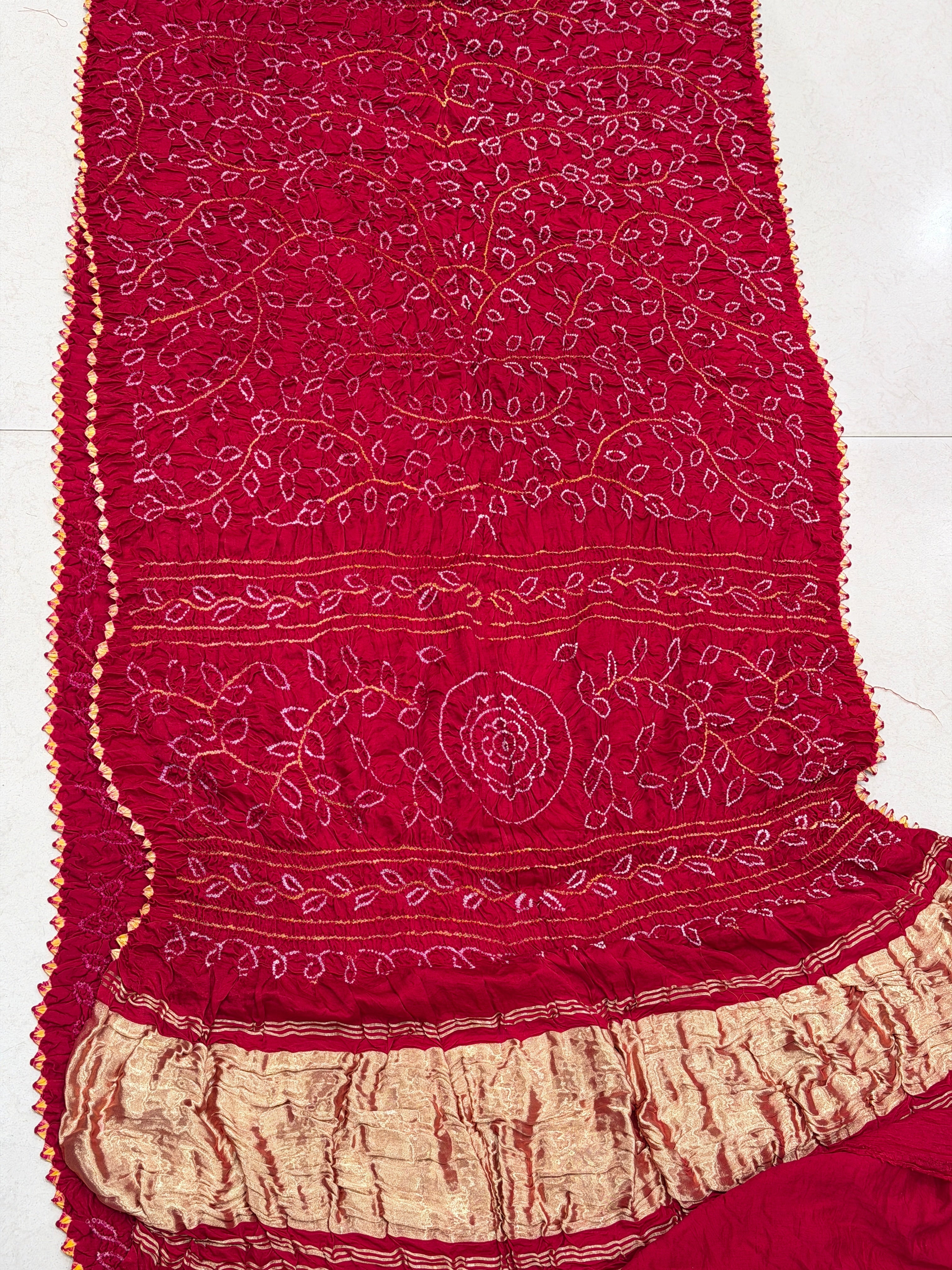 Red Pure Gajji Silk Rai Bandhej Ambadal Hand Done Saree