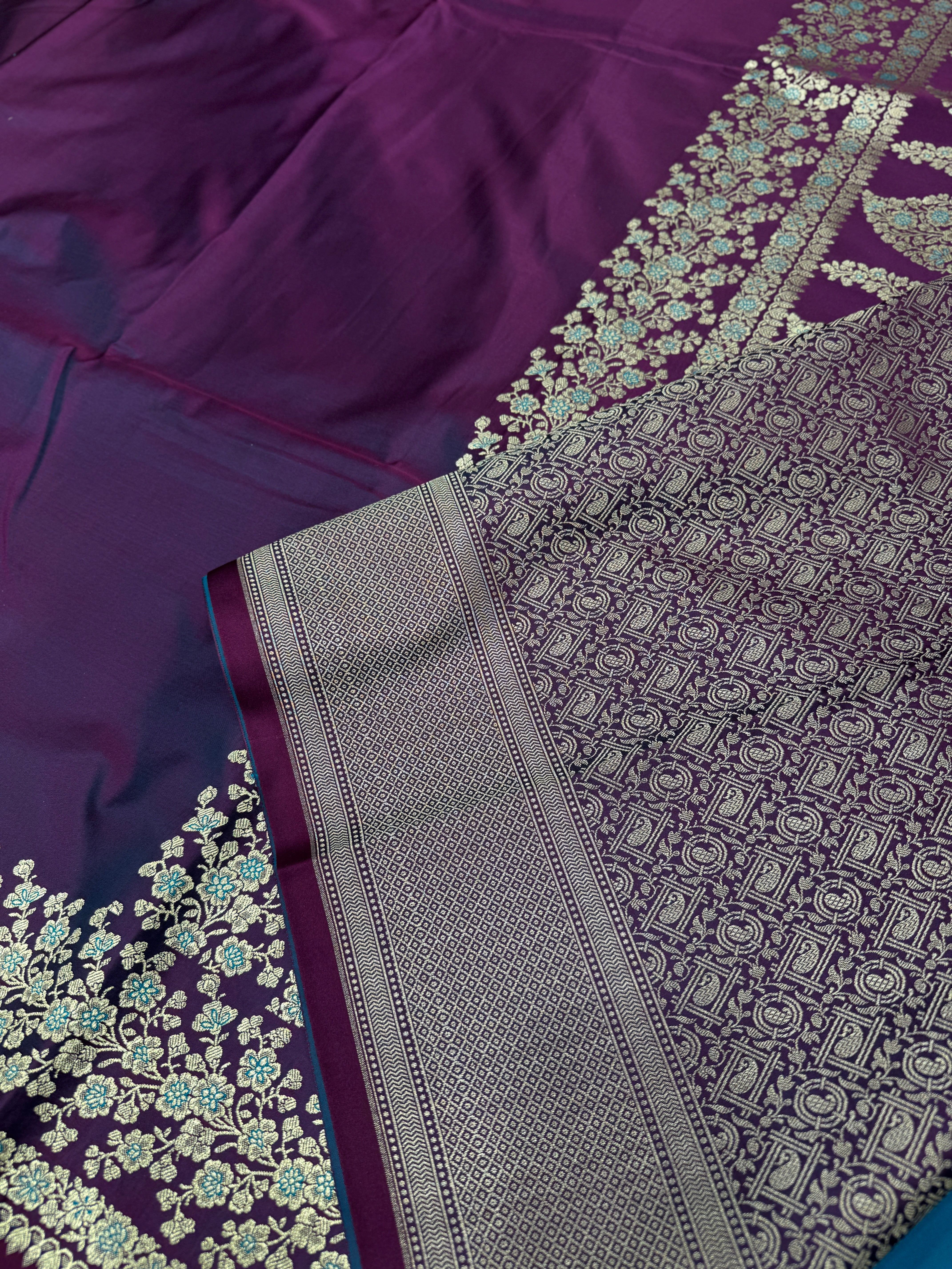 Wine Banarasi Silk Plain Floral Border Saree