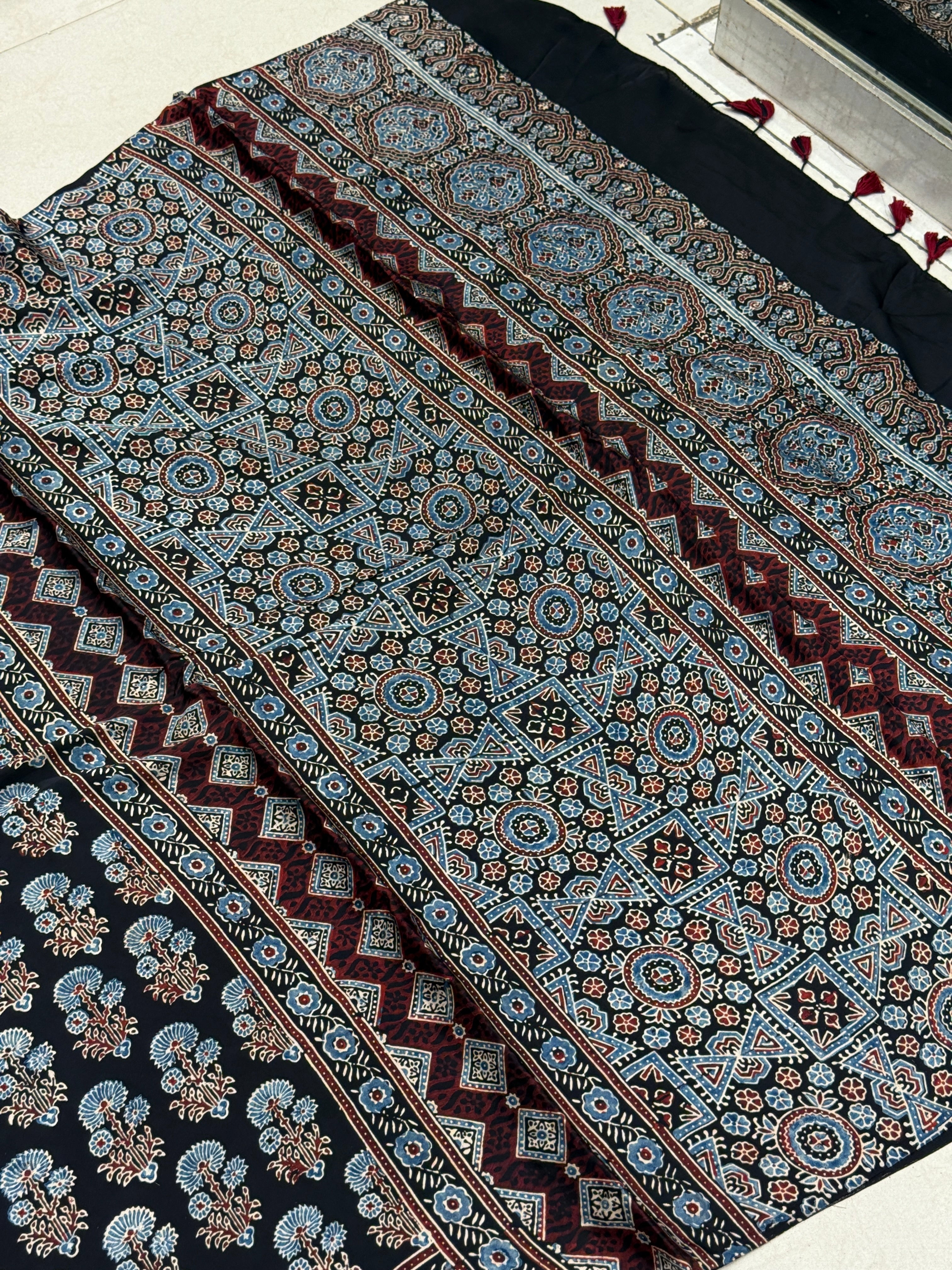 Black Big Buttis Ajrakh Block Print Hand Pure Gajji Silk Saree