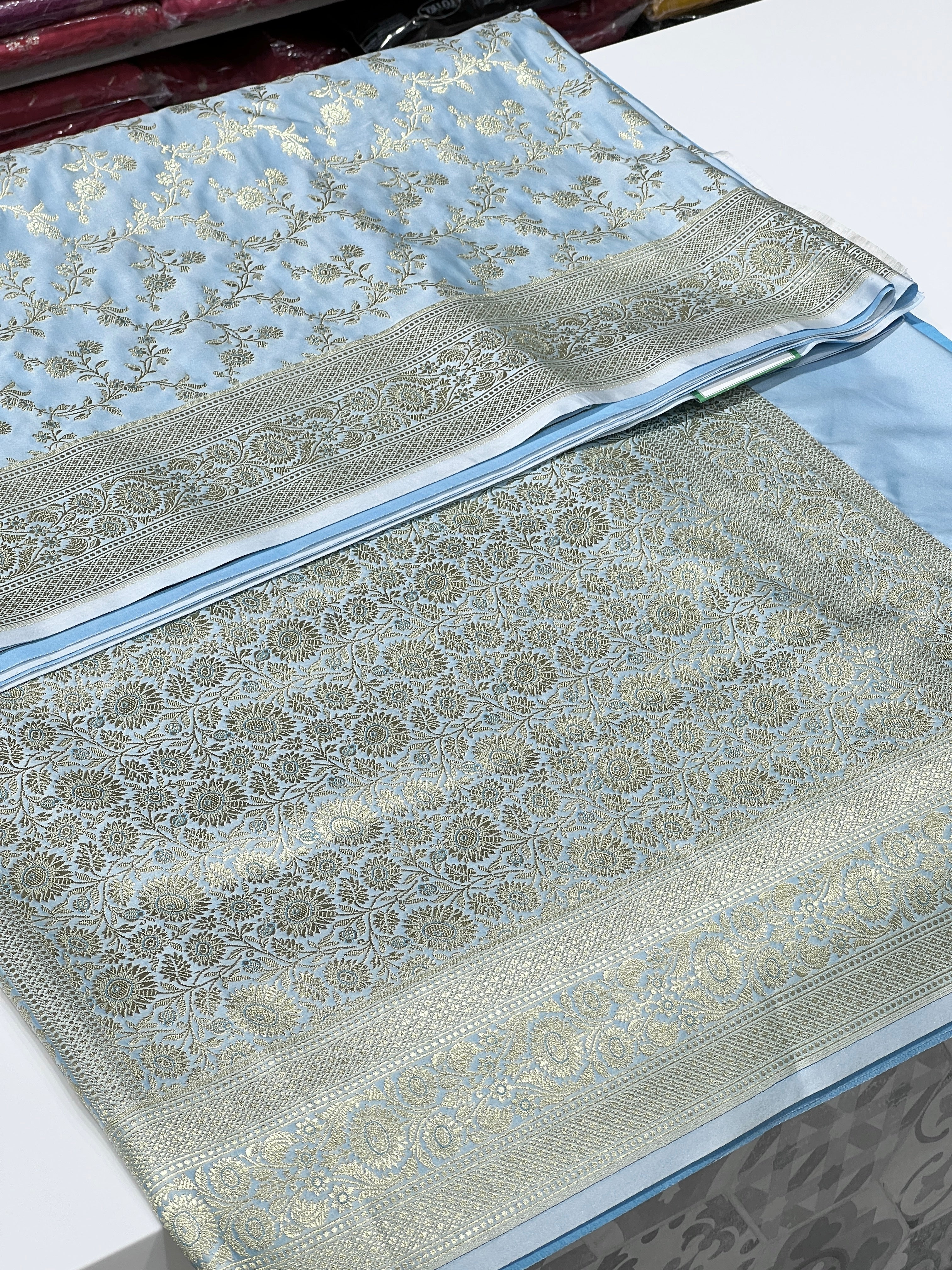 Light Blue Banarasi Silk Flower Border Jaal Saree