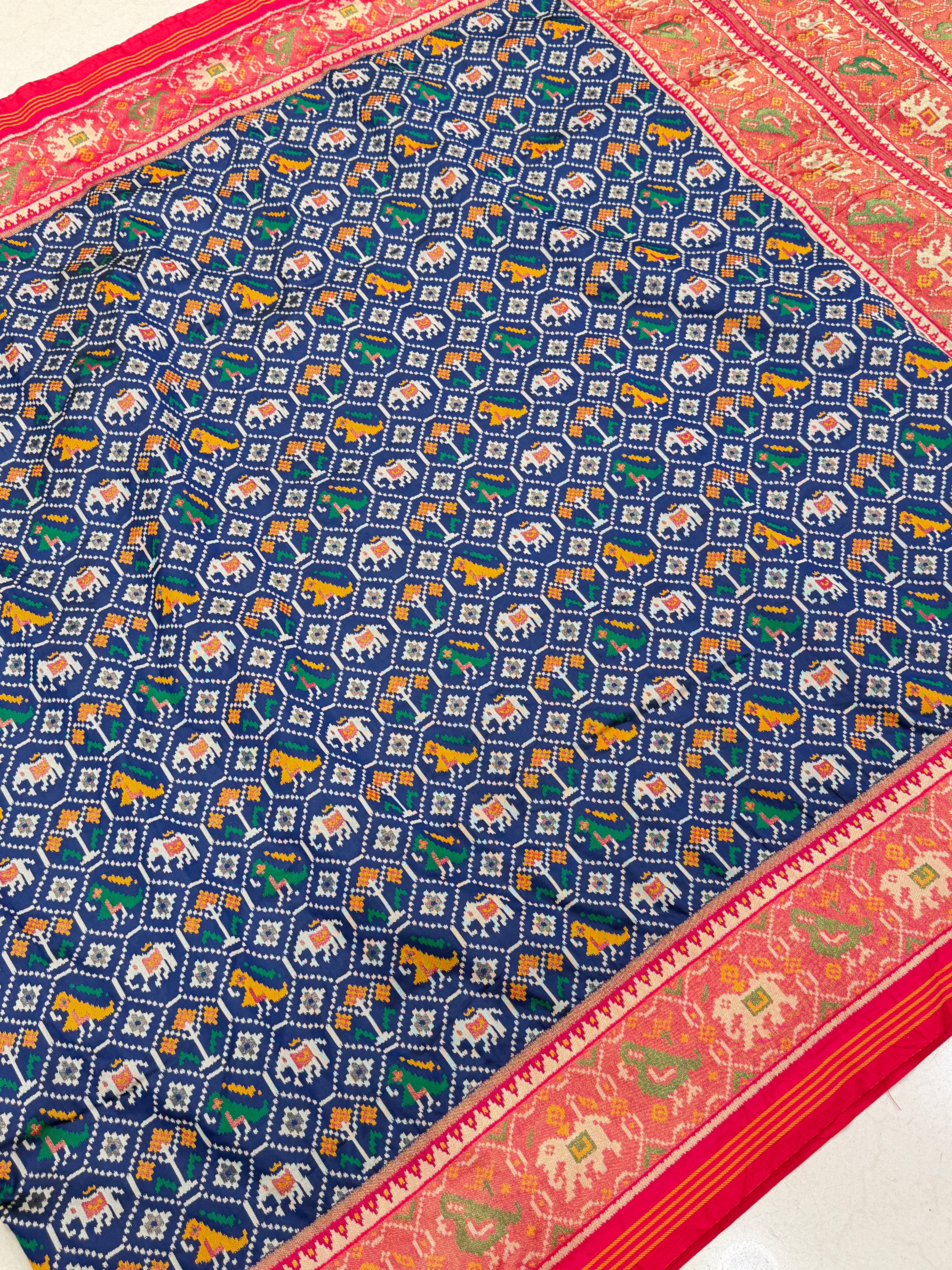 Blue Pink Elephant Jaal Semi Silk Weaved Patan Patola Saree