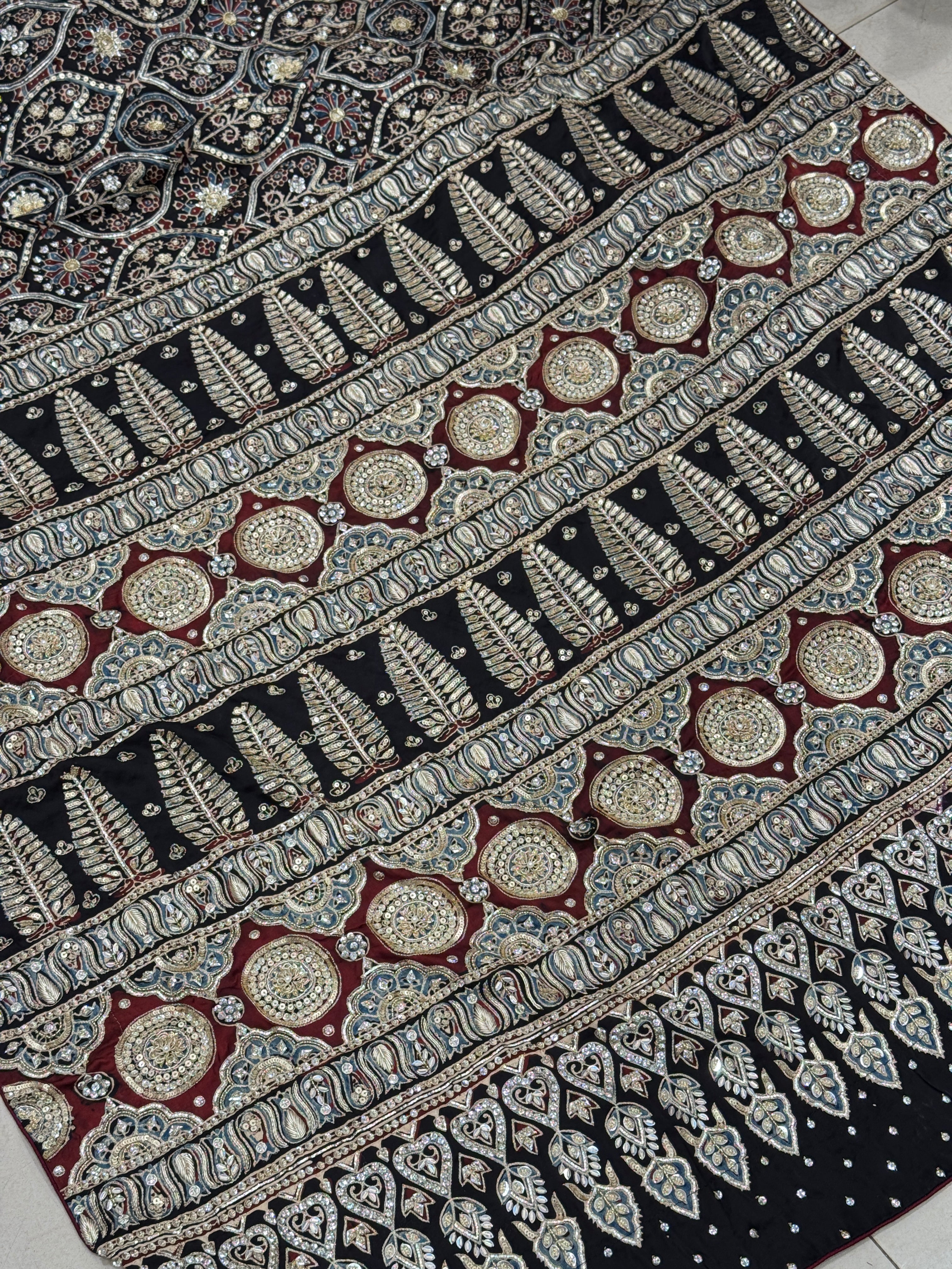 Ajrakh Black Badam Jaal Hand Embroidery Zardosi and Pita Work