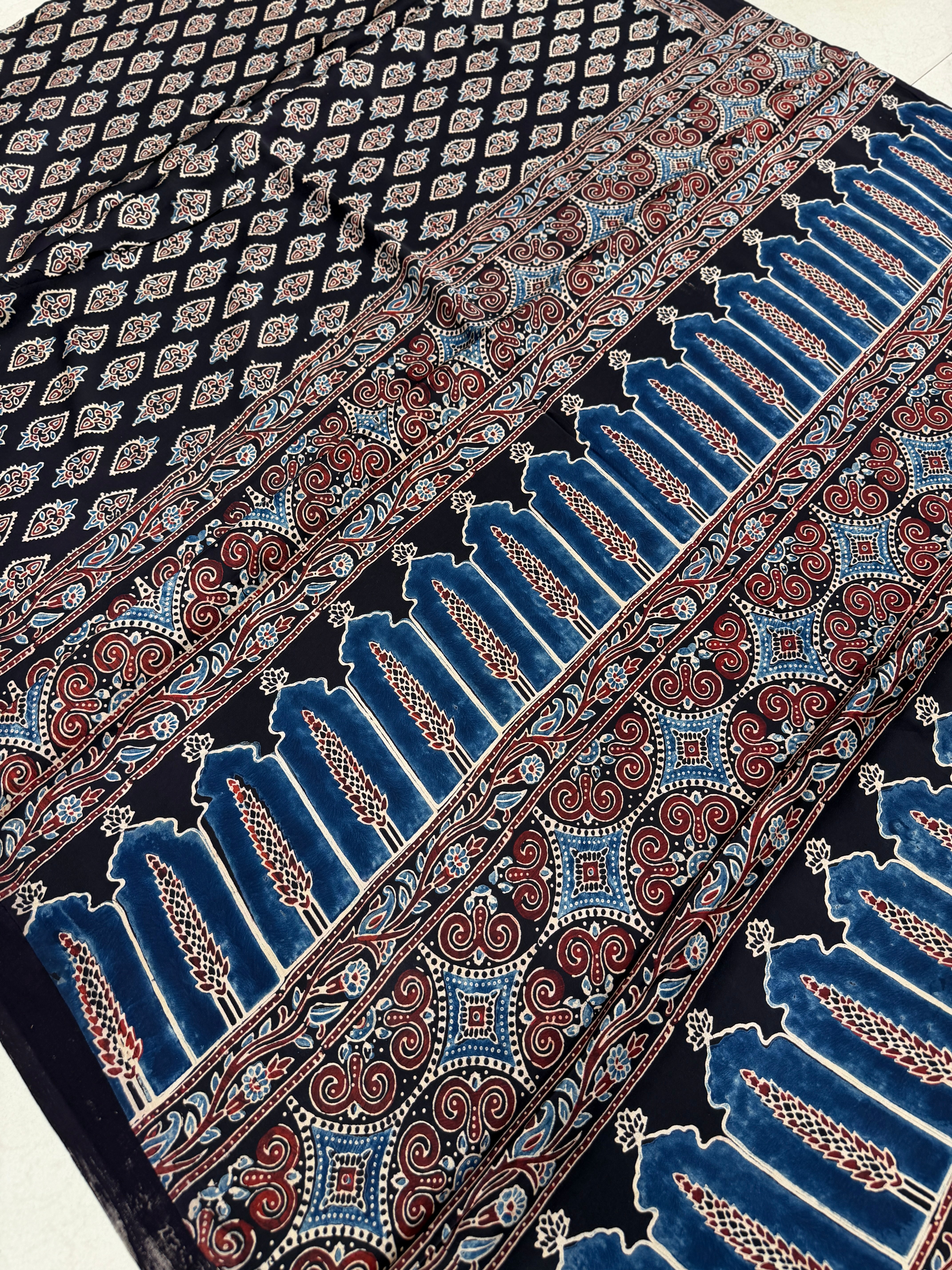 Black Keri Buttas Ajrakh Block Print Hand Pure Gajji Silk Saree
