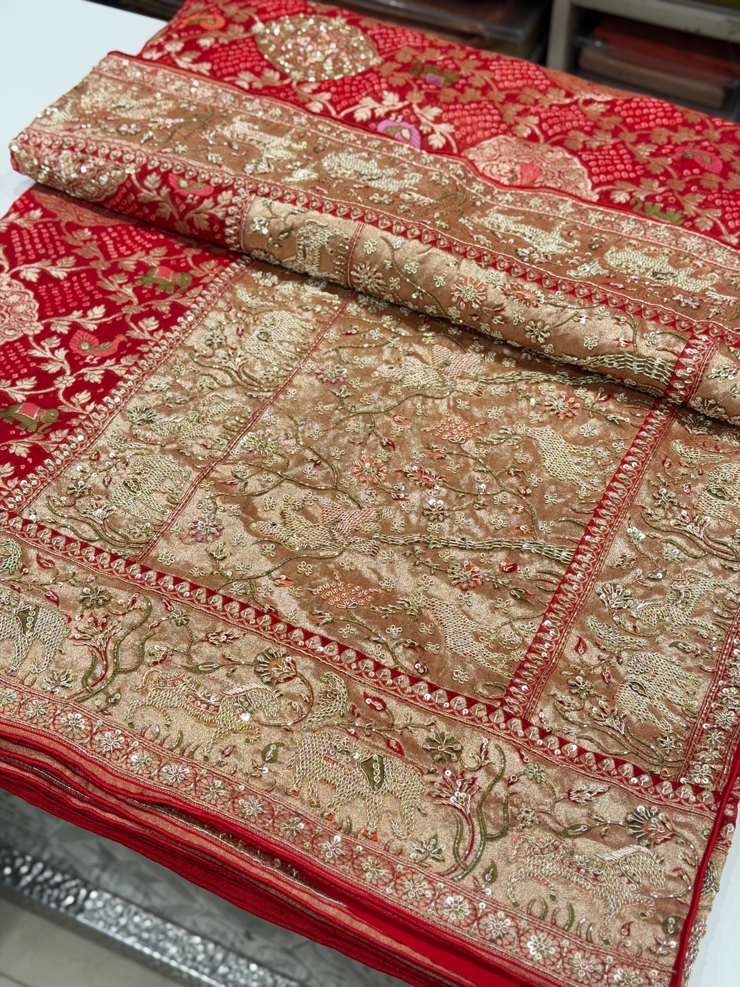 Red Meenakari Rai Bandhej Saree Elephant Motif Zardosi Hand Embroidery