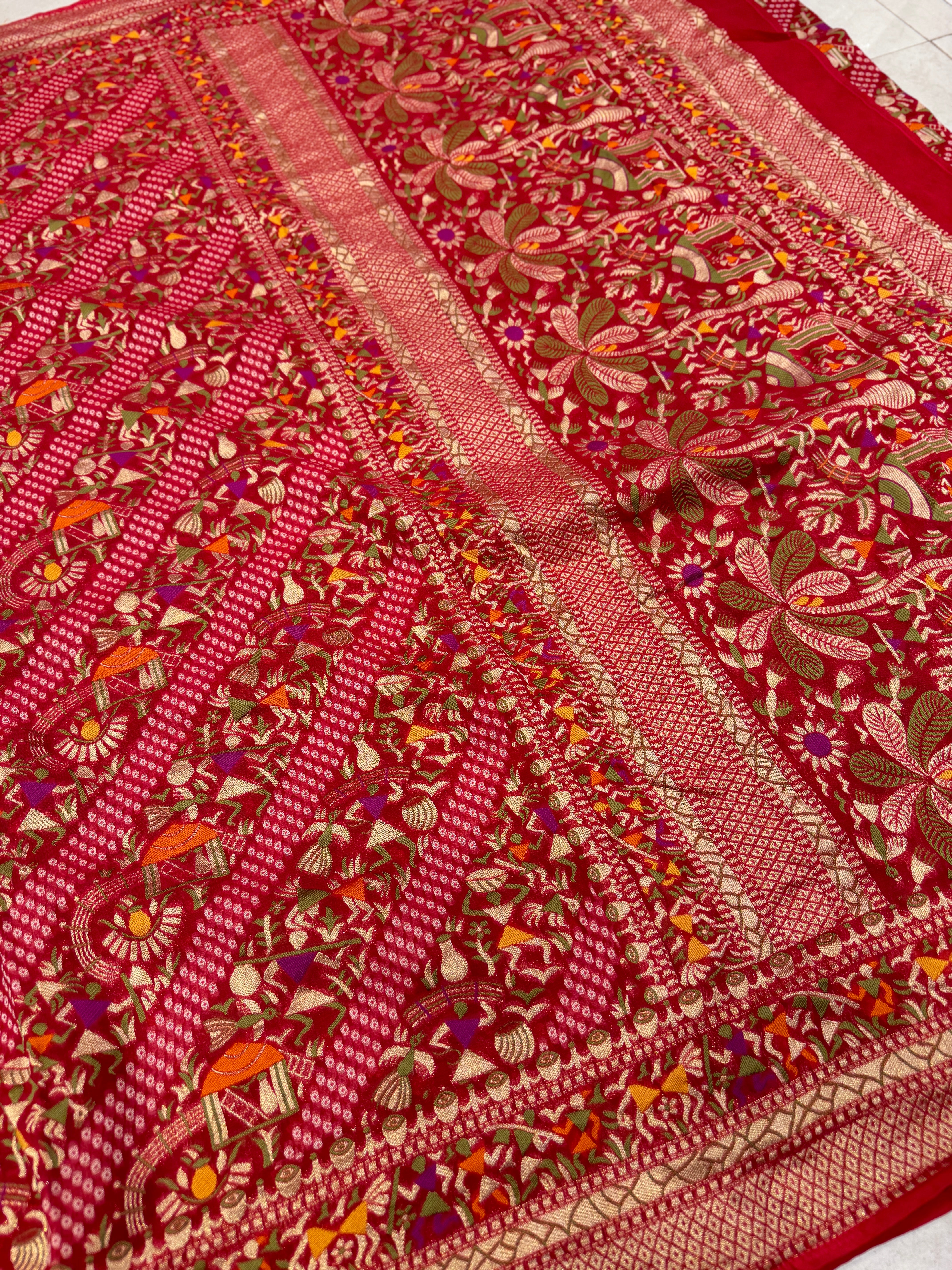 Red Warli Style Woven Bandhej Georgette Saree