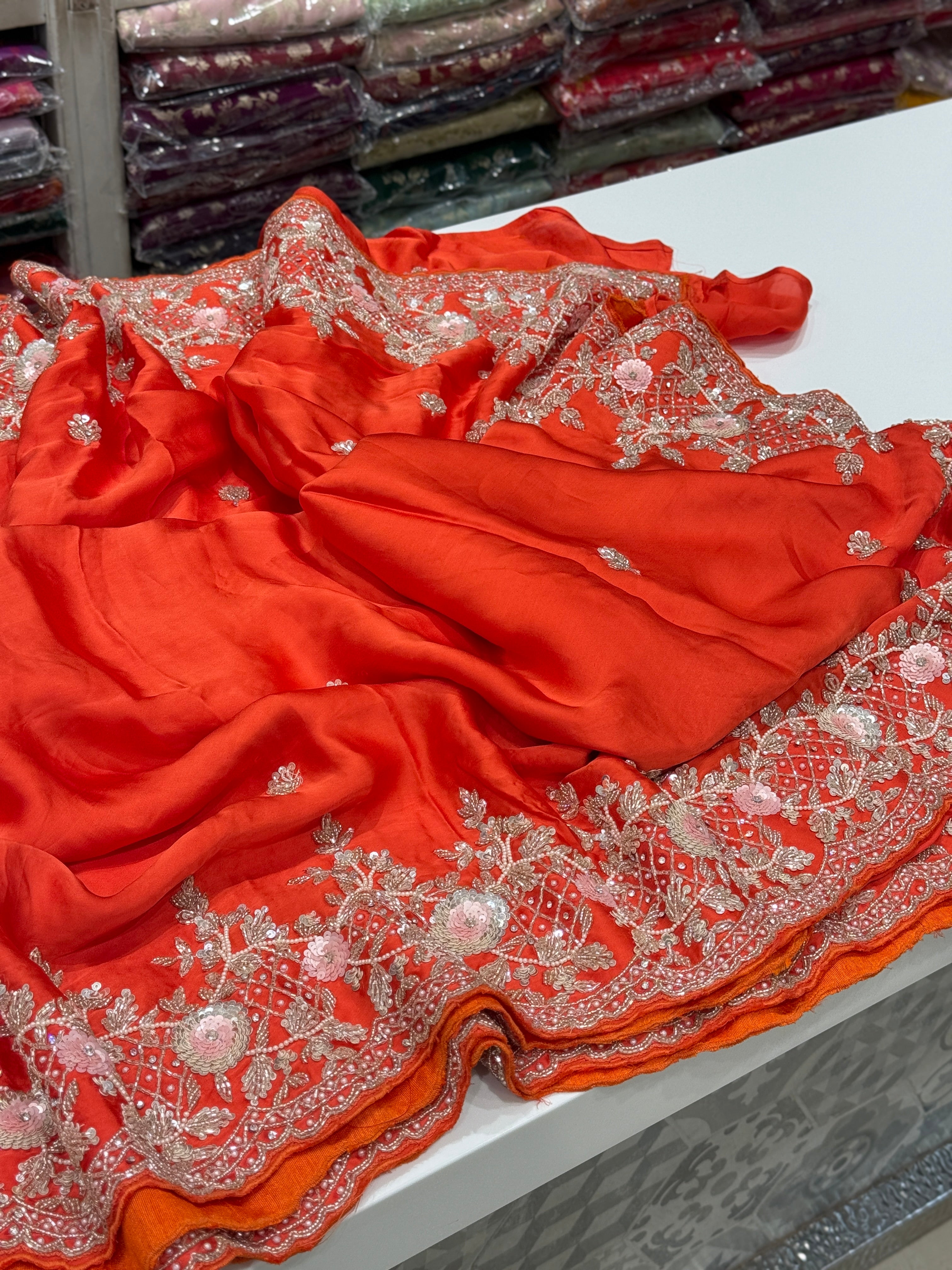 Orange Satin Sequin Moti Border Hand Embroidery Saree