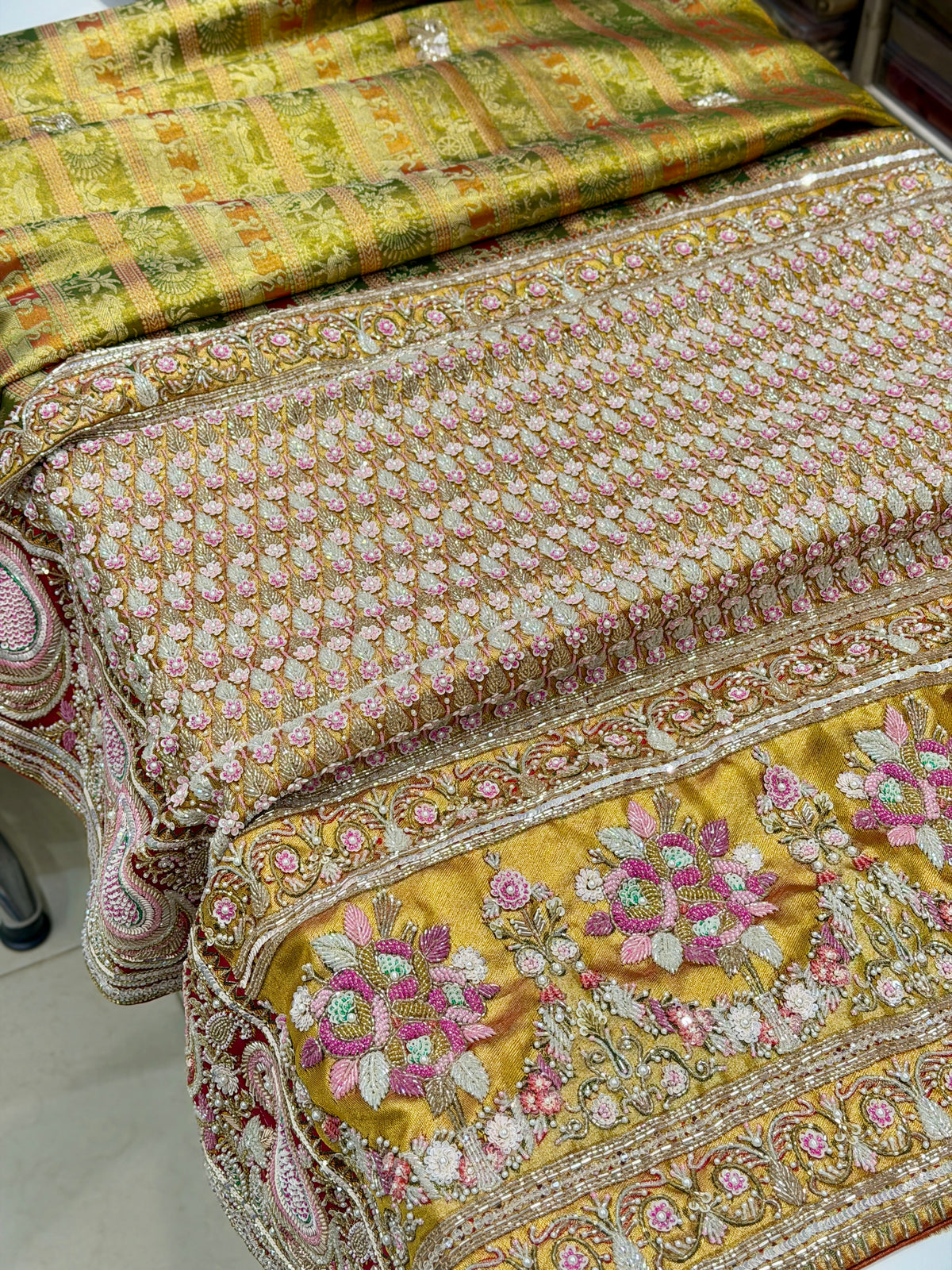 Green Meenakari Tissue Kanjivaram Zardosi Moti Hand Embroidery Saree