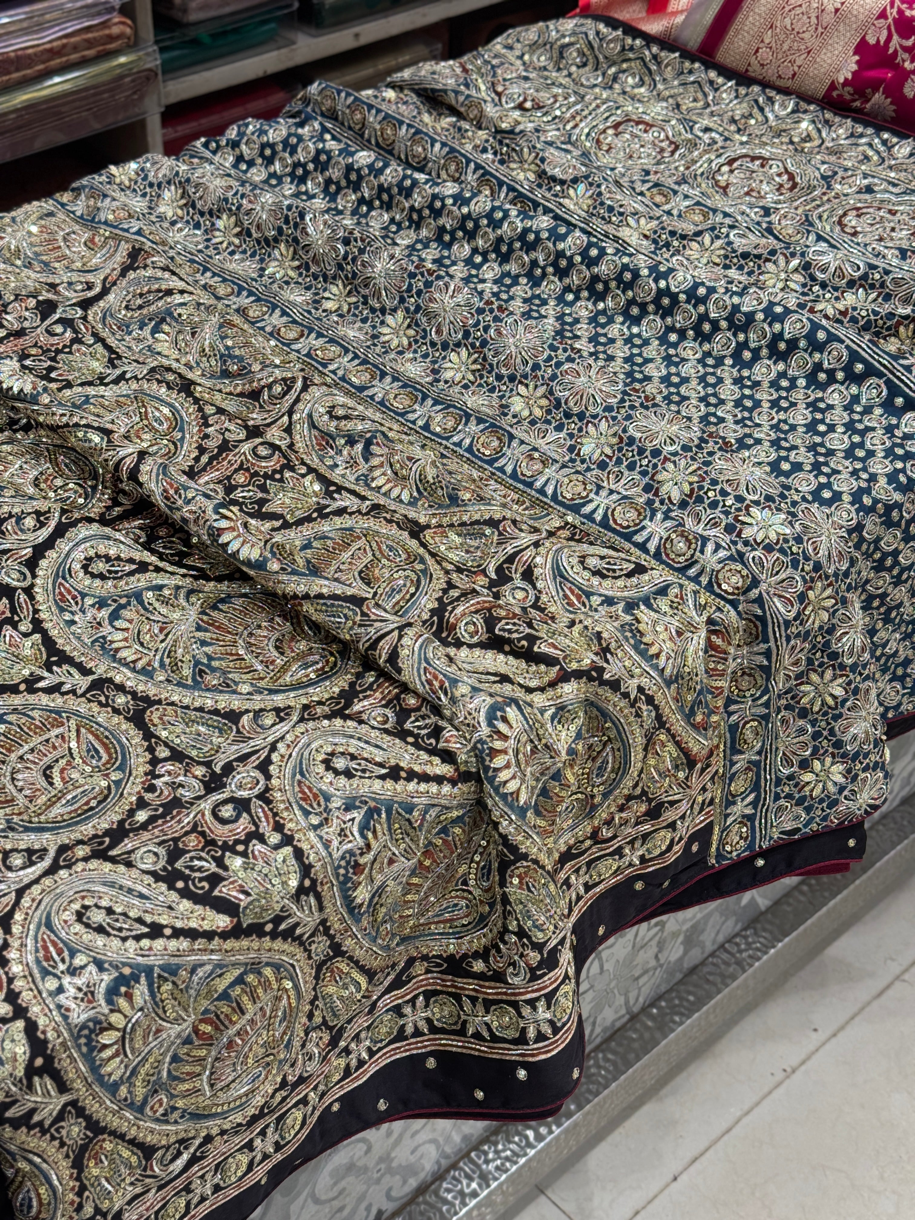 Black Keri Jaal Ajrakh Blue Pallu Hand Embroidery Zardosi and Pita Work