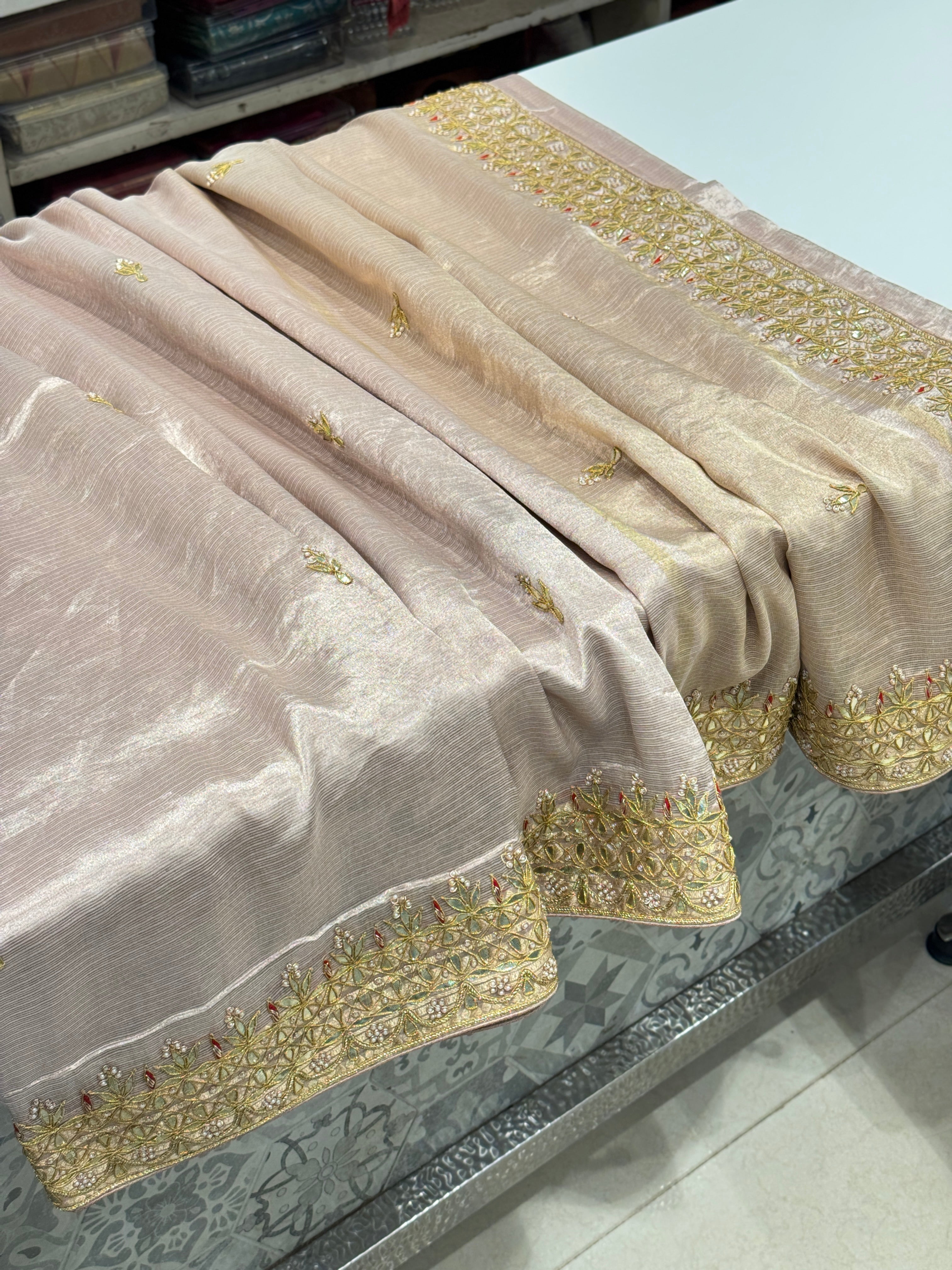 Pink Tissue Handloom Gotapatti Zardosi Hand Embroidery Saree