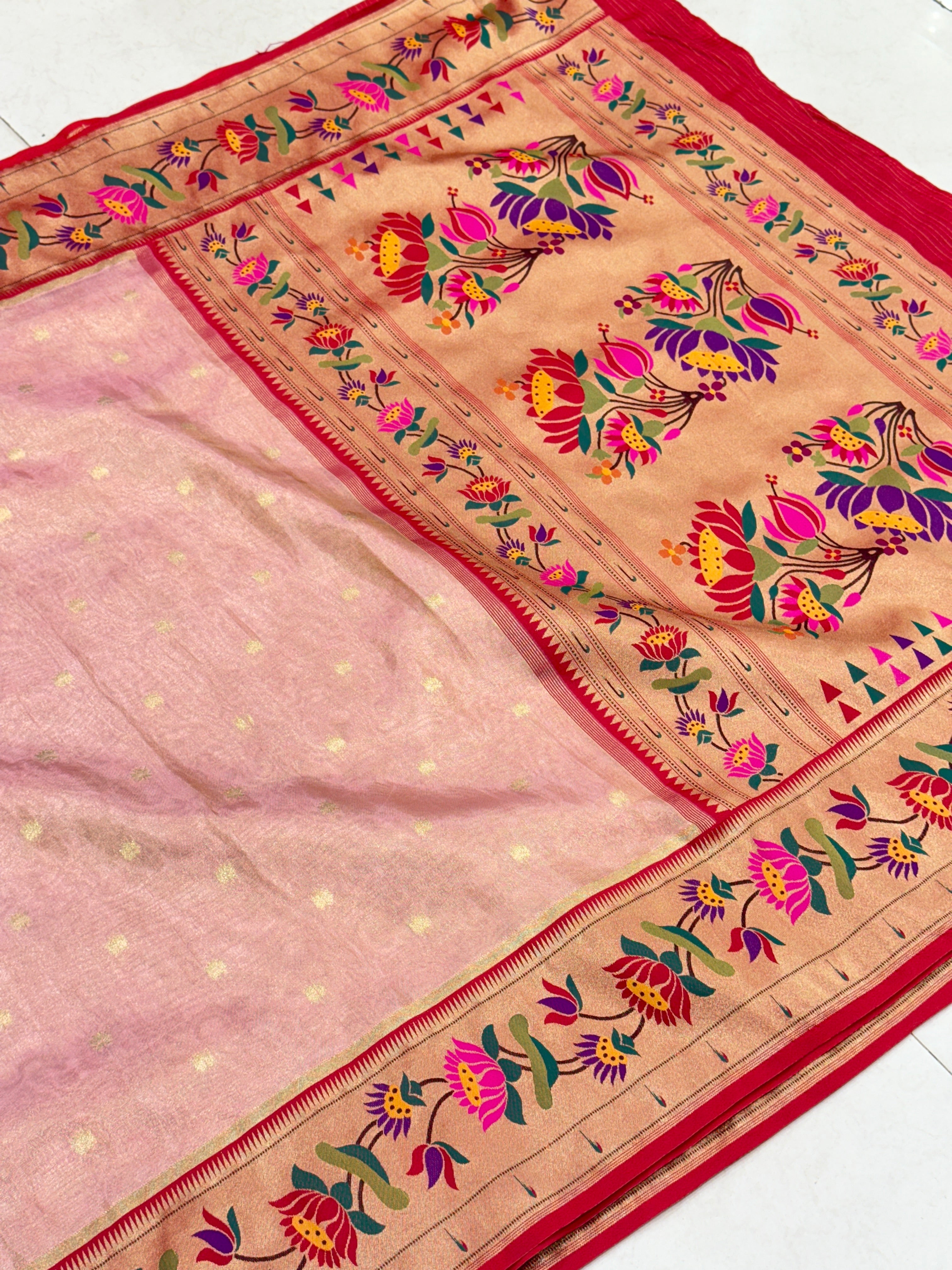 Pink Tissue Paithani Lotus Border Saree