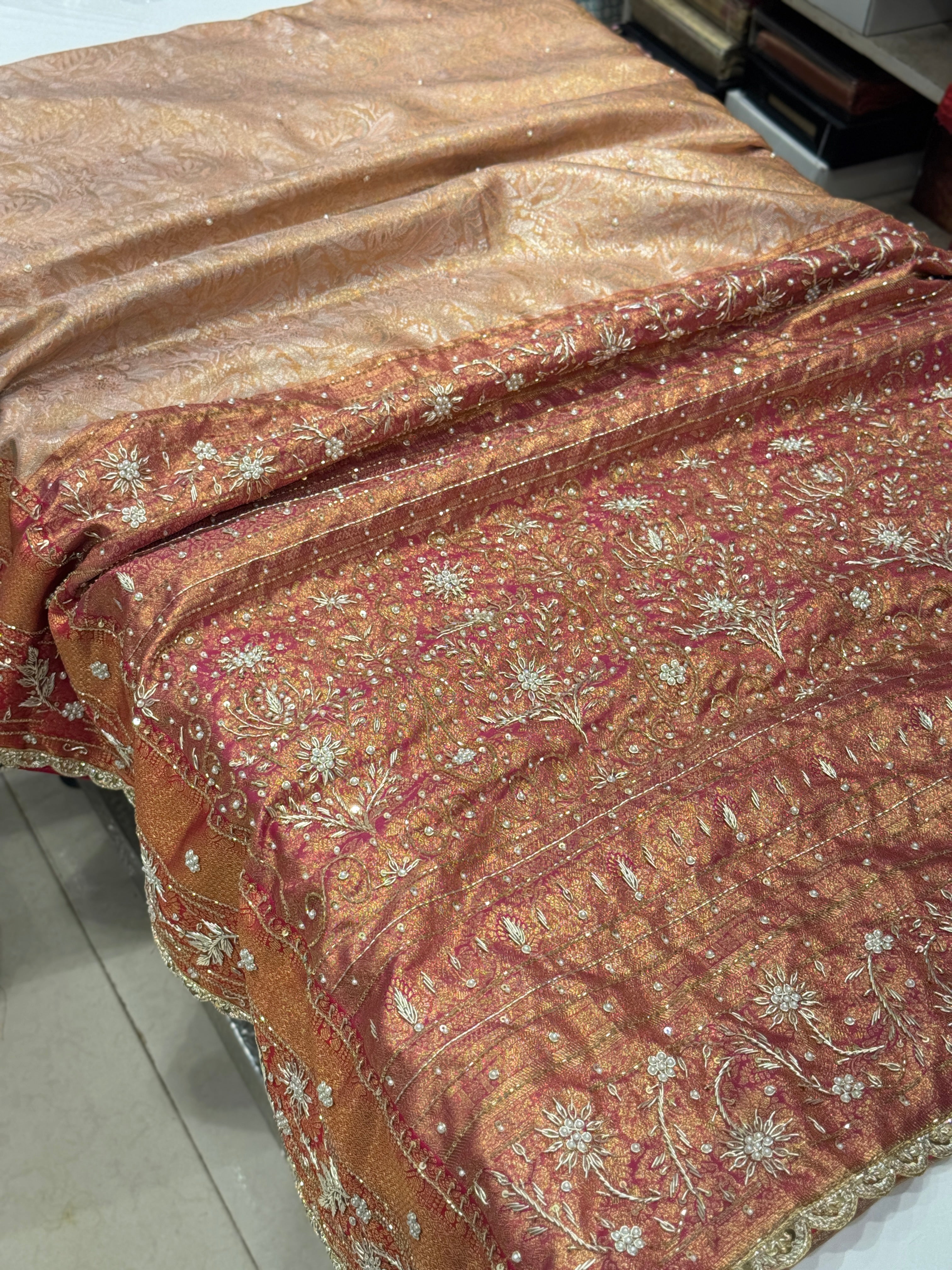 Peach Tissue Kanjivaram Hand Embroidery Saree