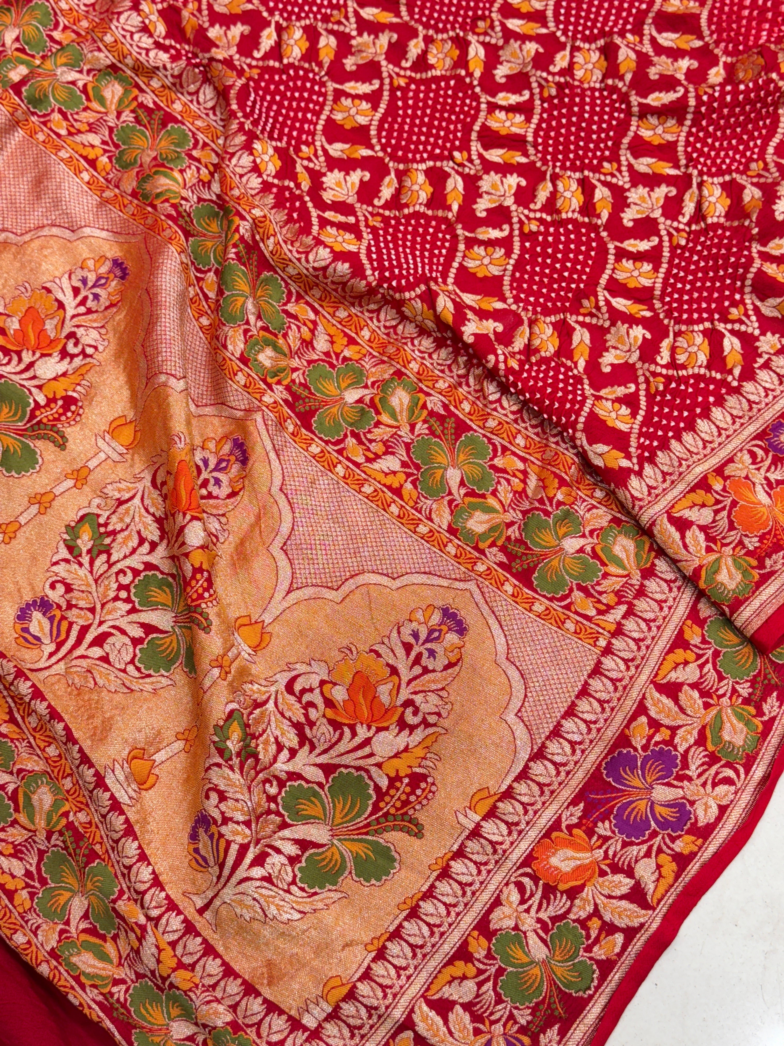 Red Handloom Meenakari Rai Bandhej Pure Zari Dupatta