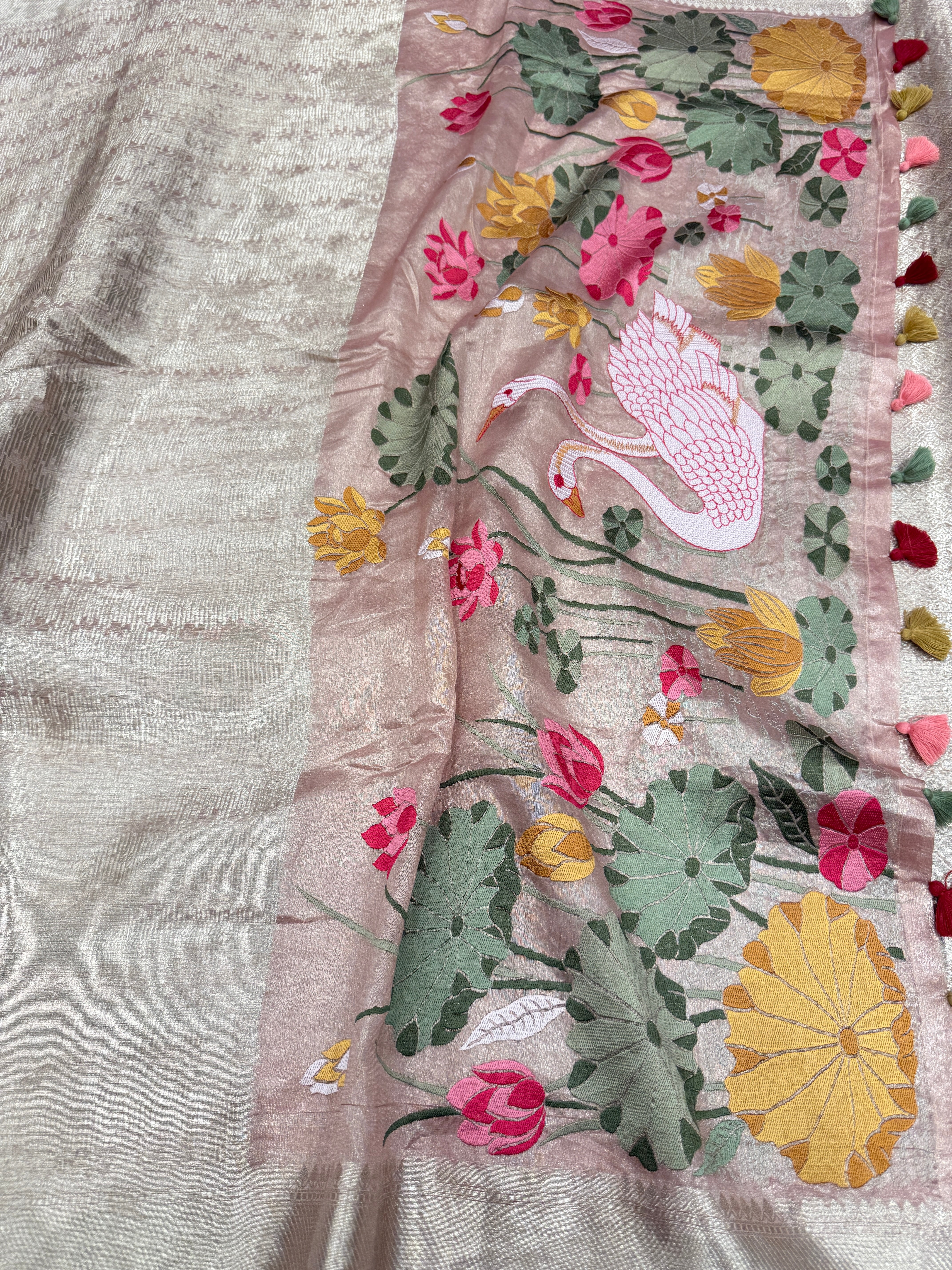Nude Pink Silver Handloom Tissue Swans Contemporary Resham Embroidery Saree