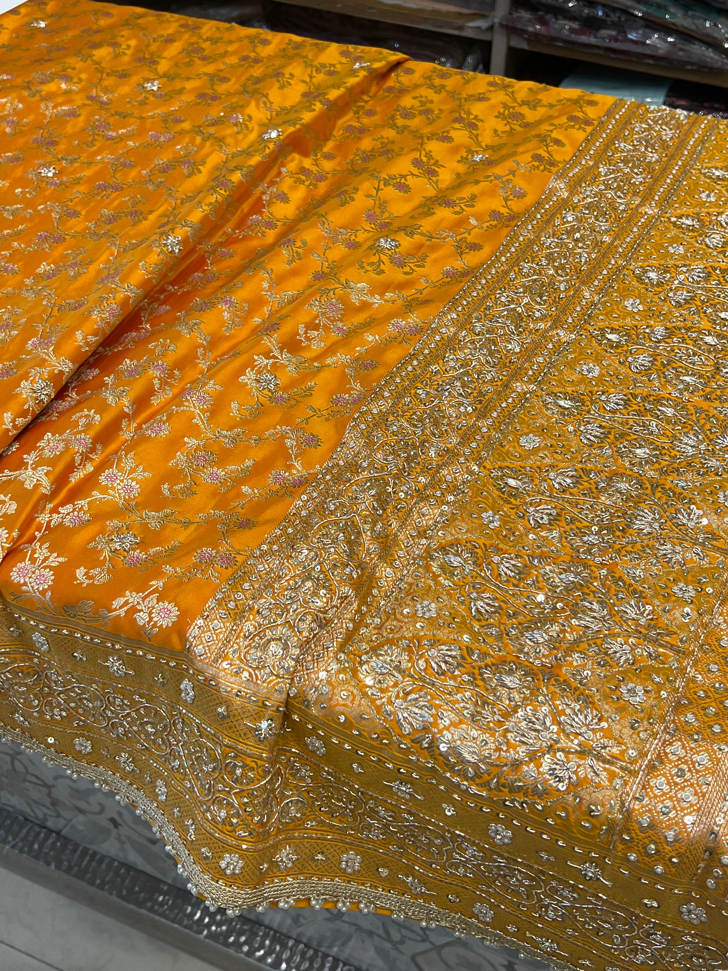 Mango Yellow Banarasi Heart Border Hand Embroidery Saree