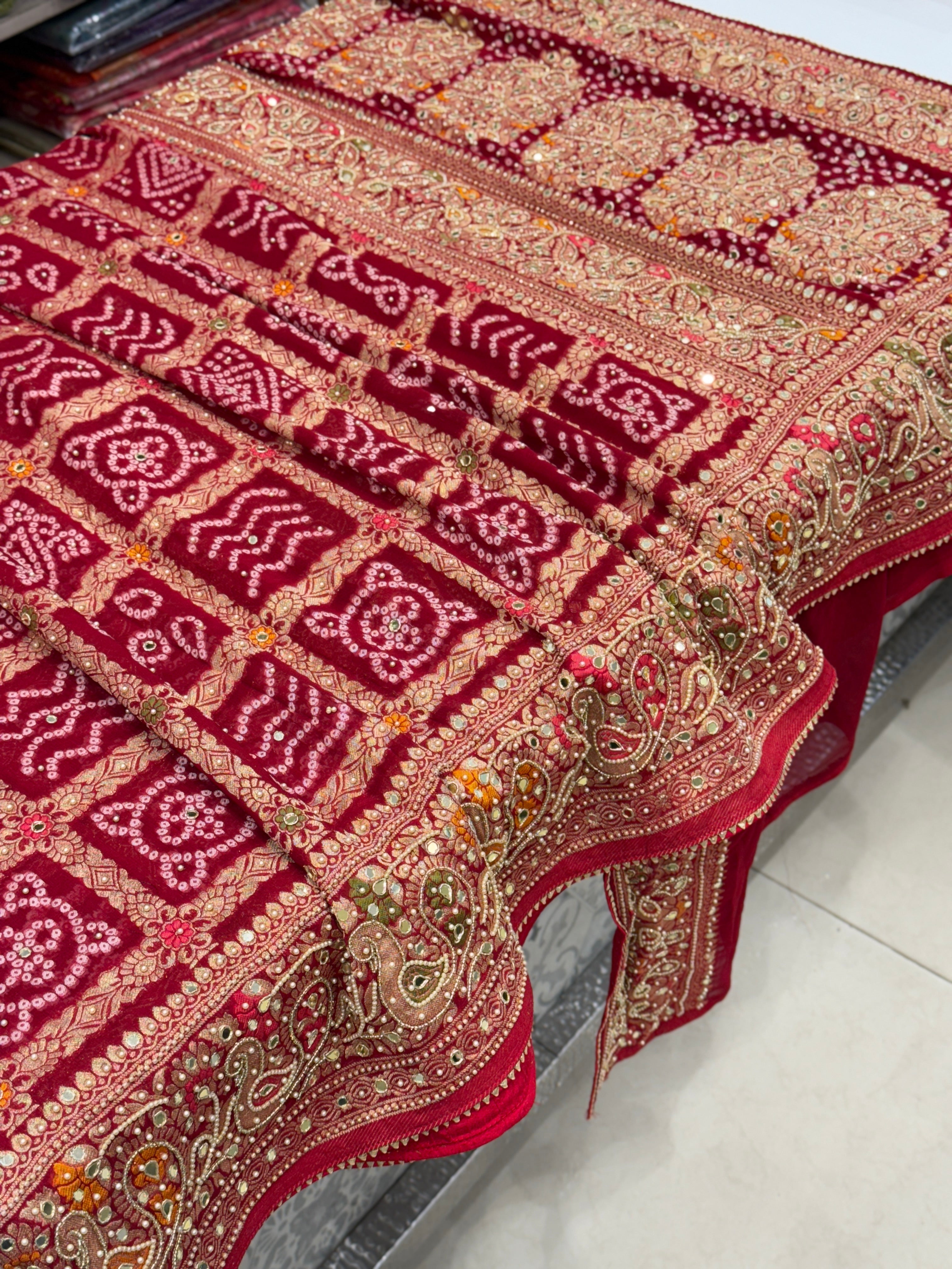 Red Gharchola Moti Hand Embroidery Saree
