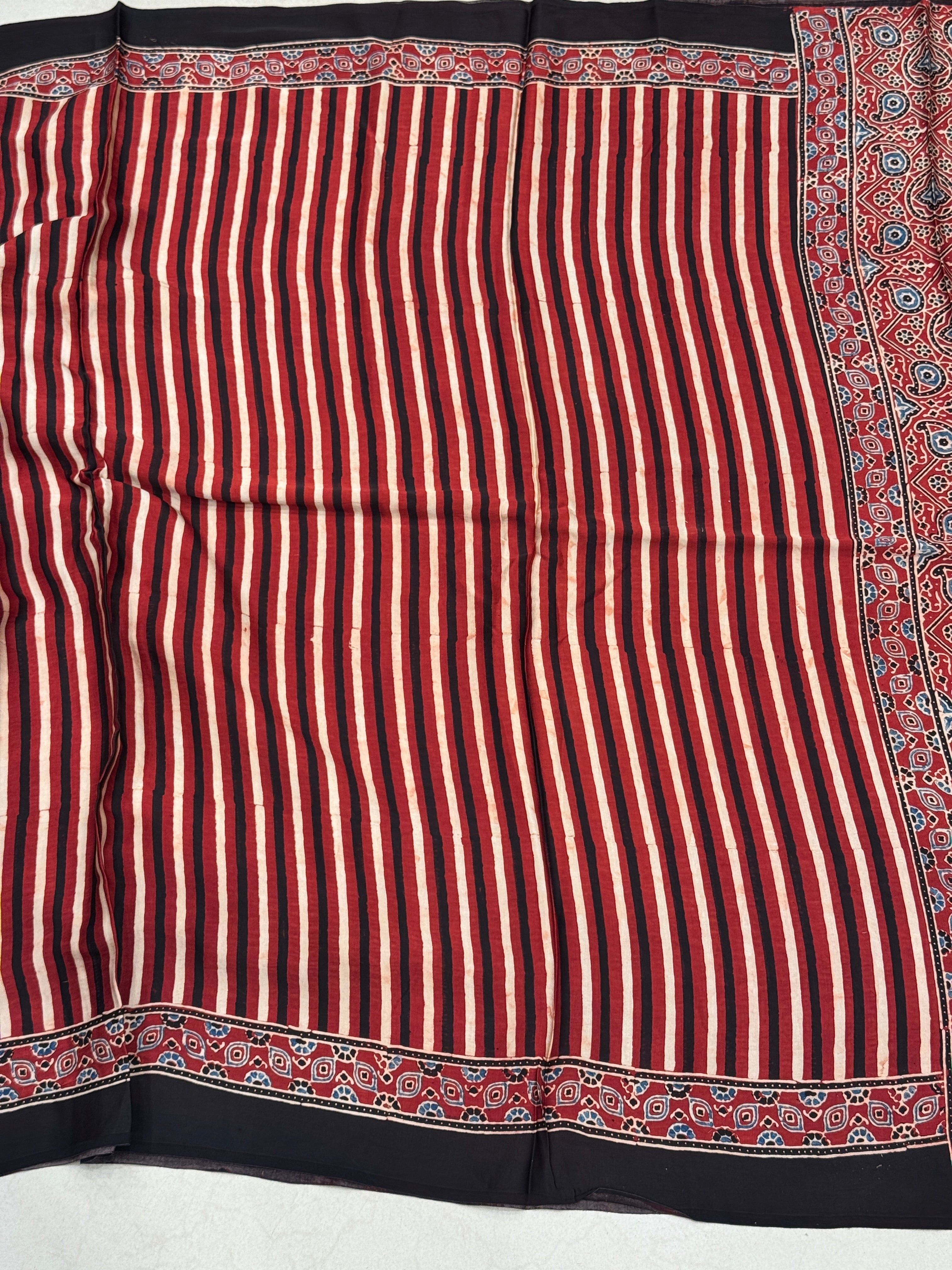 Red White Contemporary Hand Block Print Ajrkah Pure Gajji Silk Saree