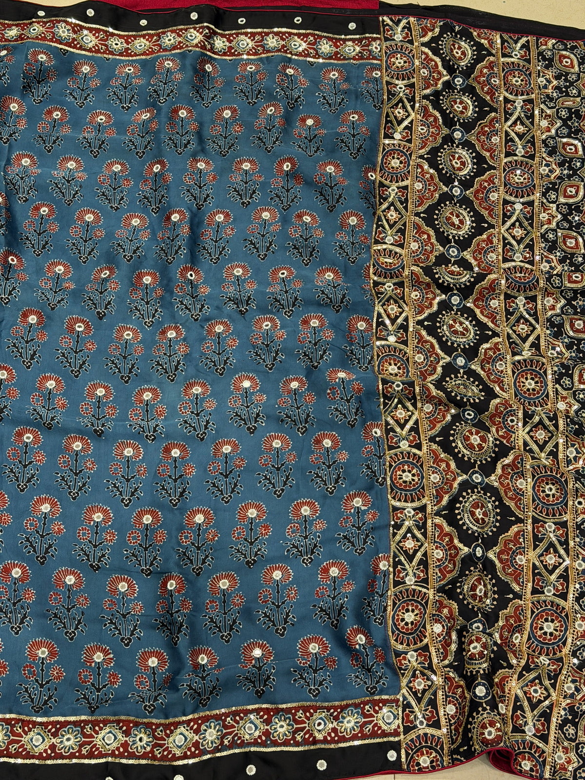 Blue Black Butta Ajrakh Real Mirror Moti Sequin Hand Embroidery Saree