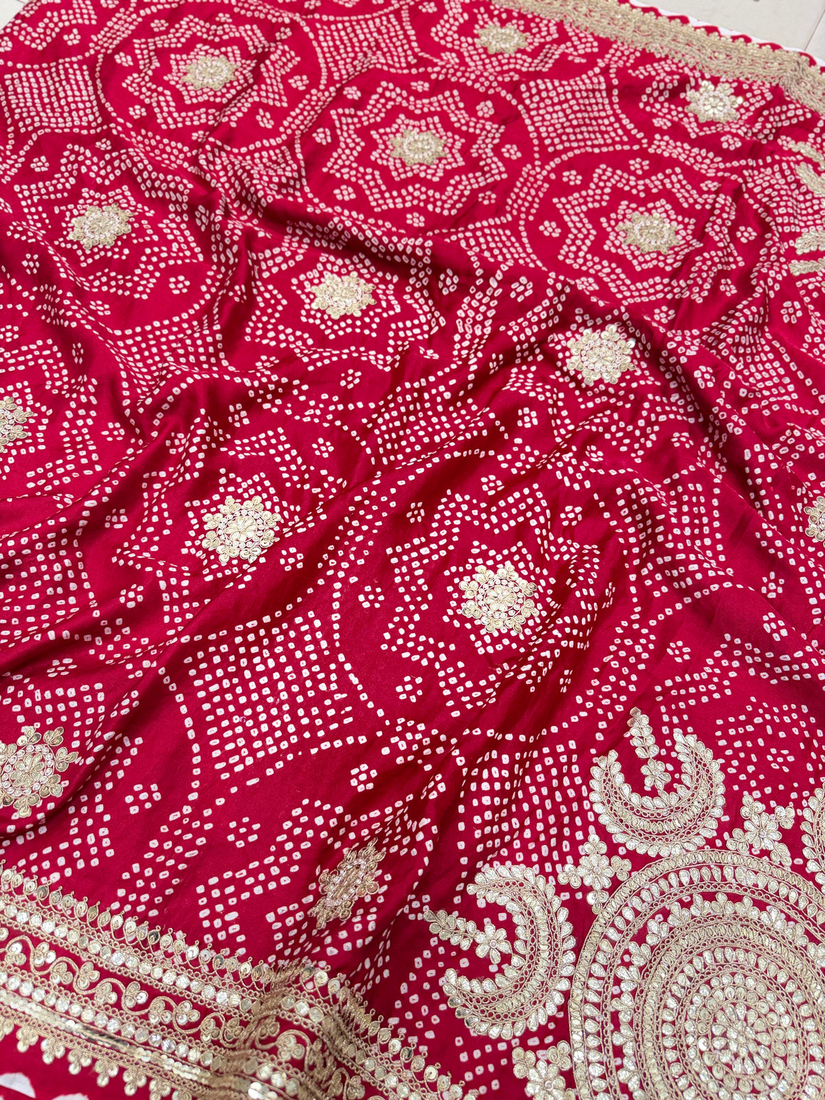 Red Gajji Silk Bandhej Gotapatti Marodi Hand Embroidery Saree