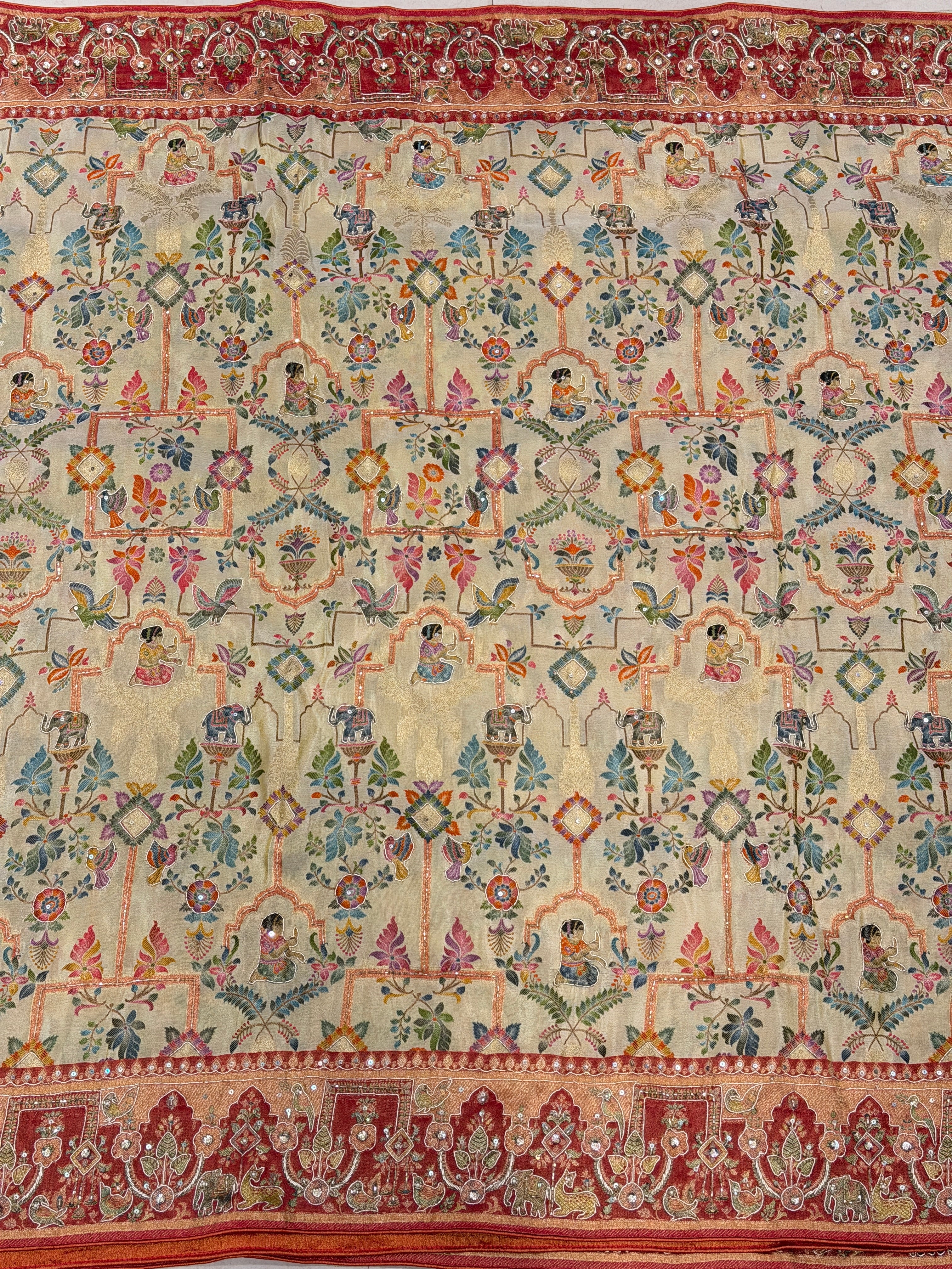 Beige Munga Tissue Weaved Pashmina Style Hand Embroidery Saree