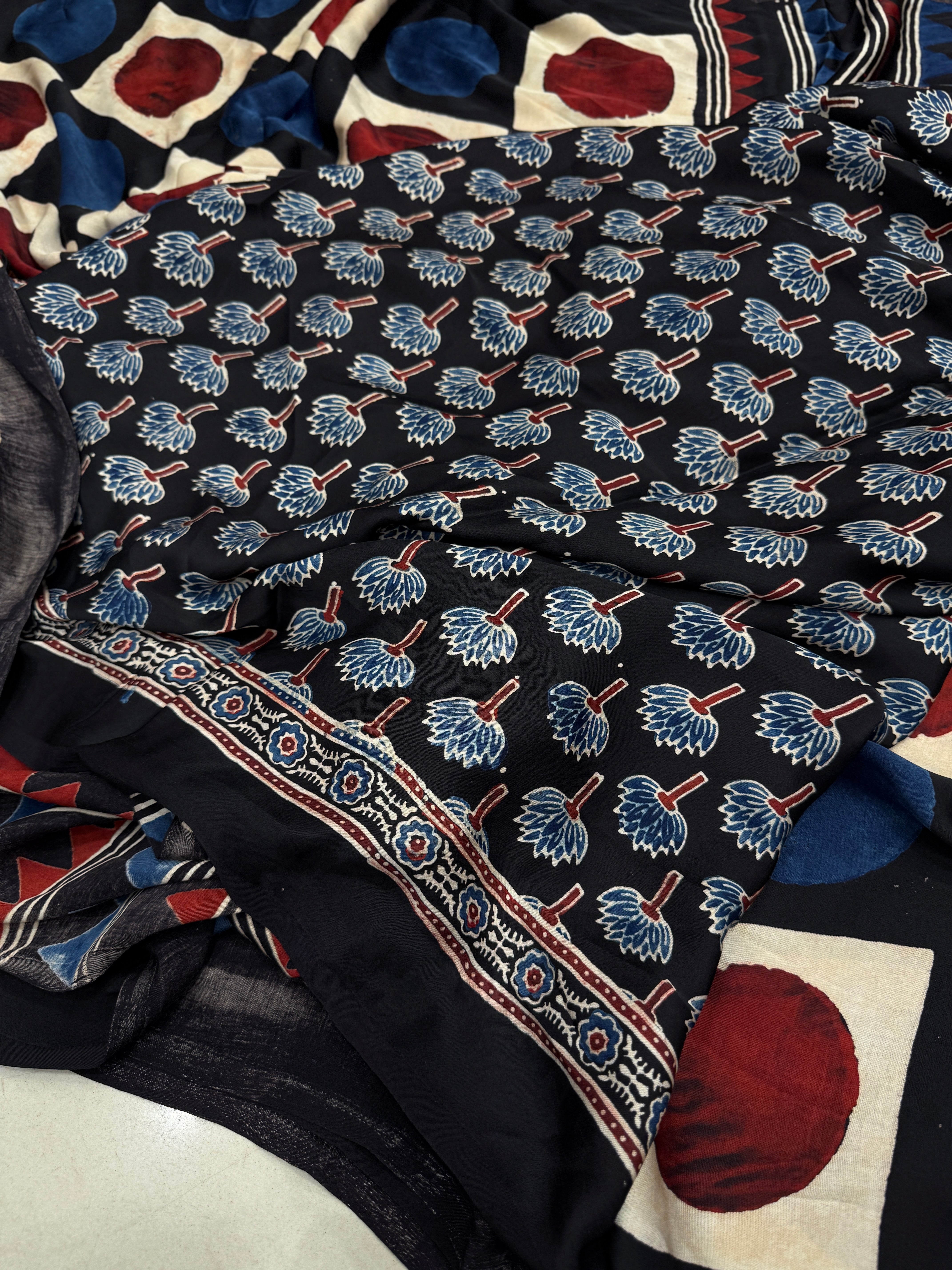 Black Red & Blue Checks Ajrakh Hand Block Print Pure Gajji Silk Saree