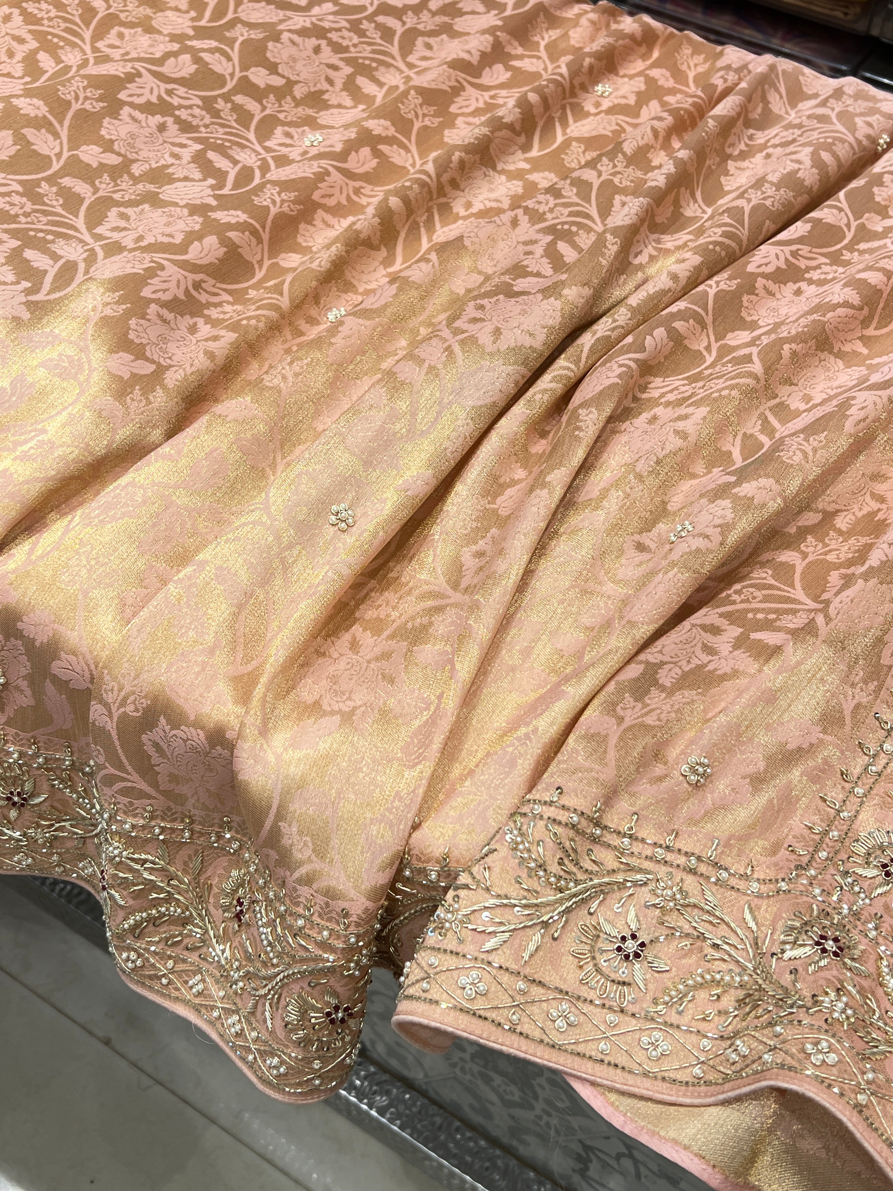 Nude Pink Floral Jaal Banarasi Zardosi Embroidery Saree