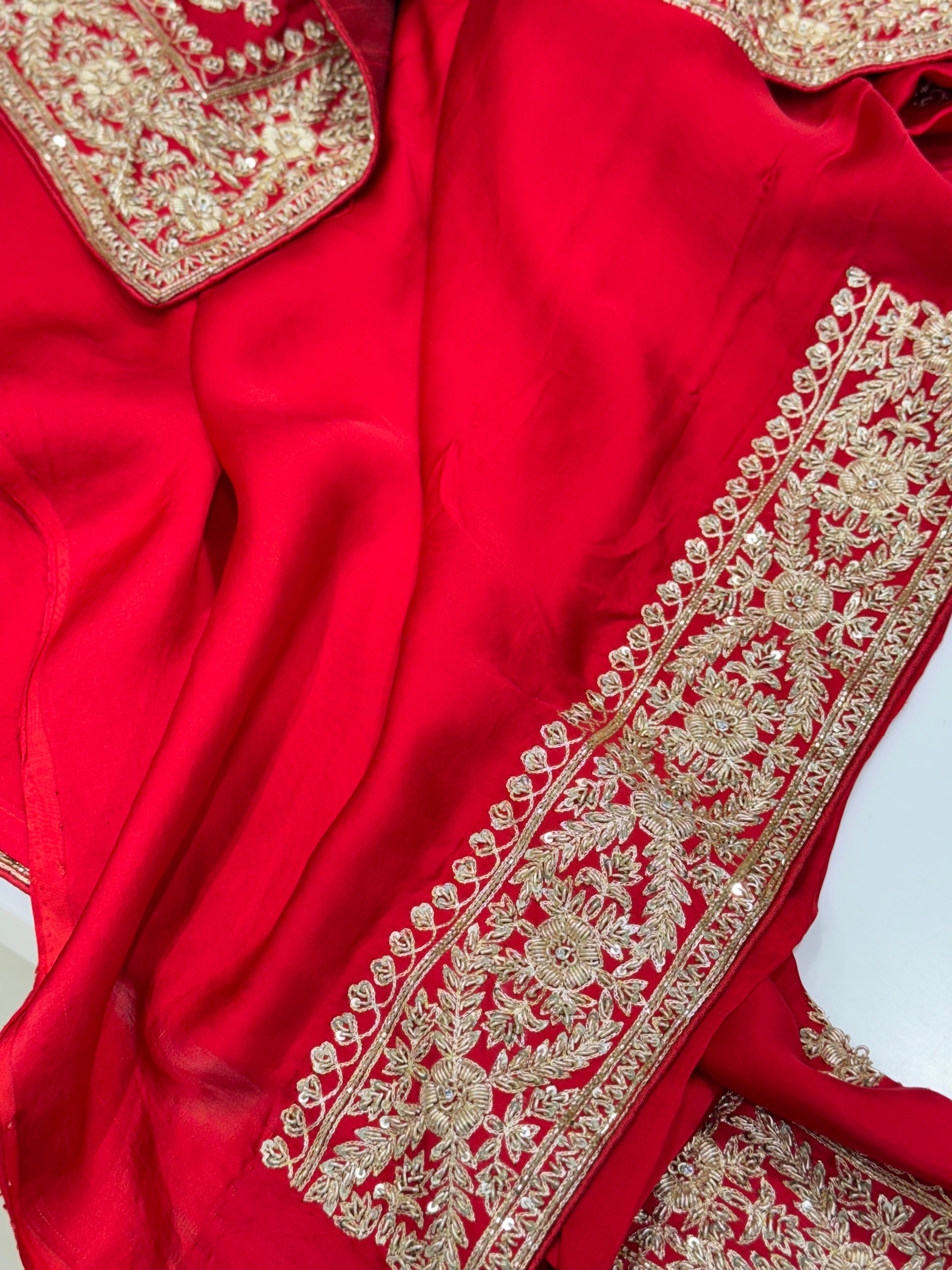 Red Satin Zardosi Saree
