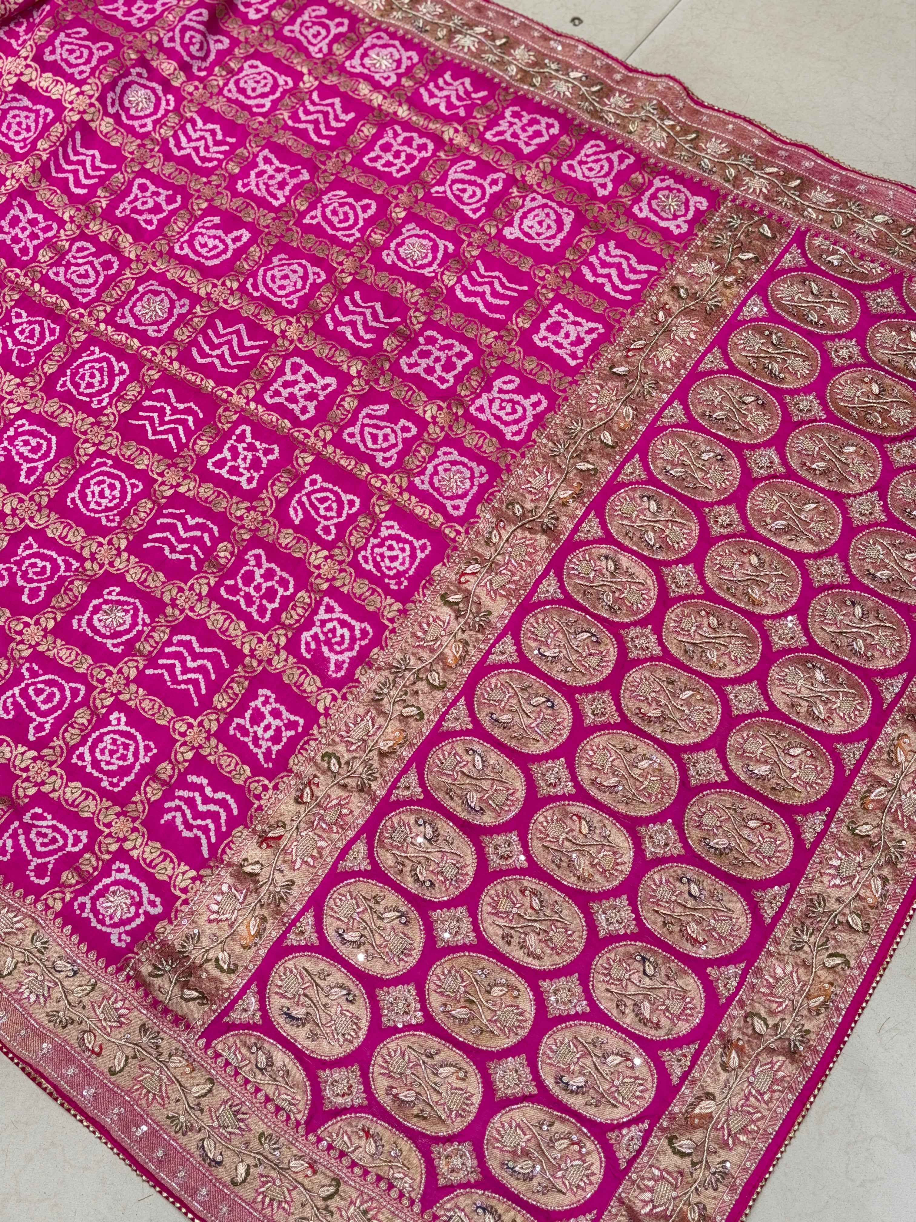Rani Pink Gharchola Rai Bandhej Zardosi Hand Embroidery Saree