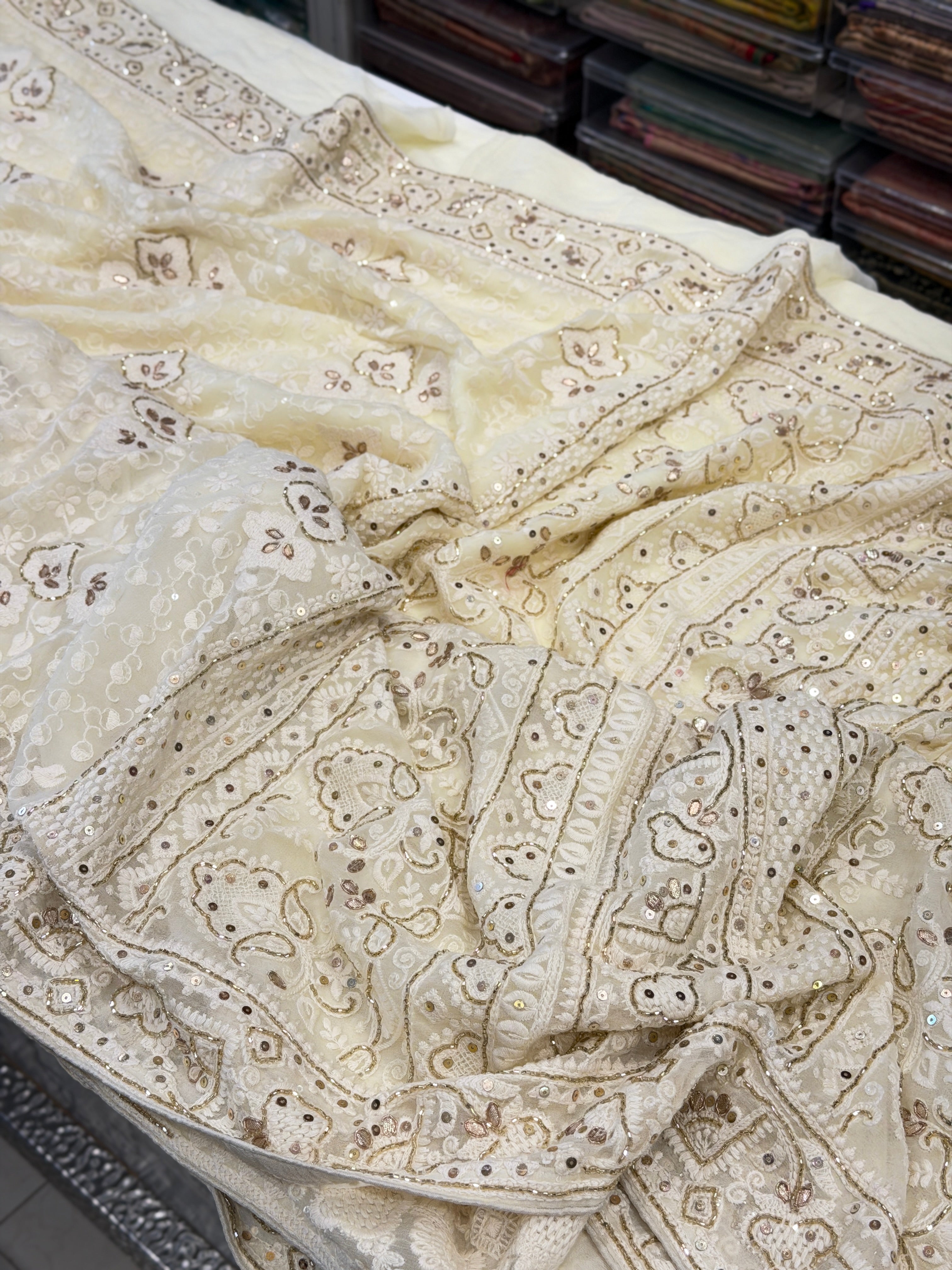 Moti White Chikankari Georgette Cutdana Embroidery Saree
