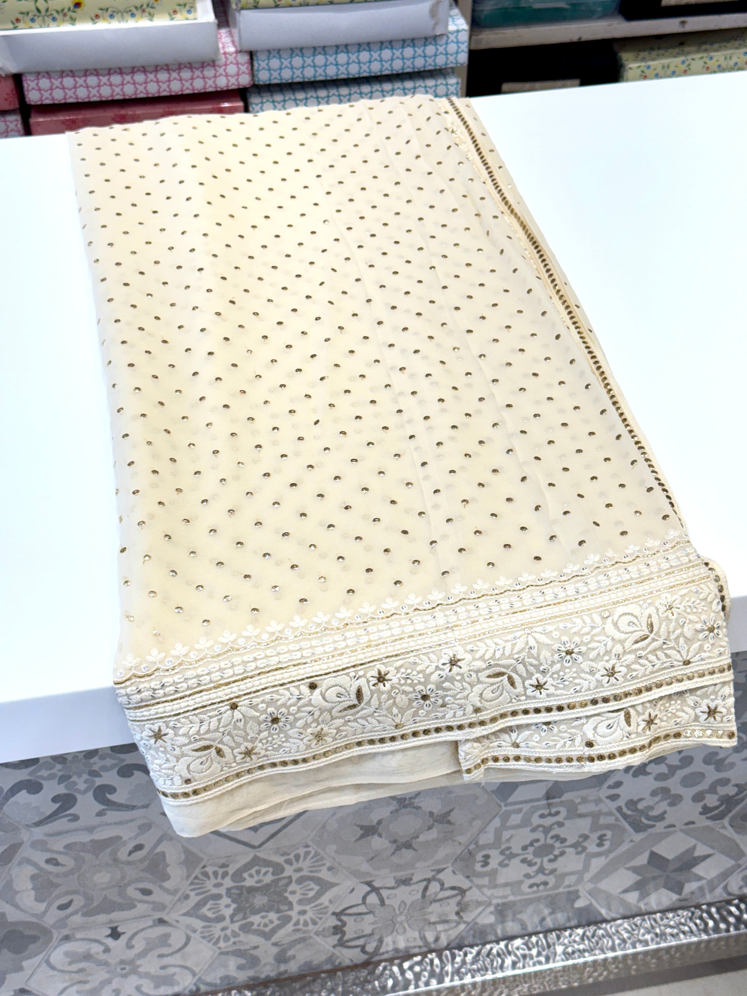 Moti White Chikankari Saree with Mukaish Embroidery