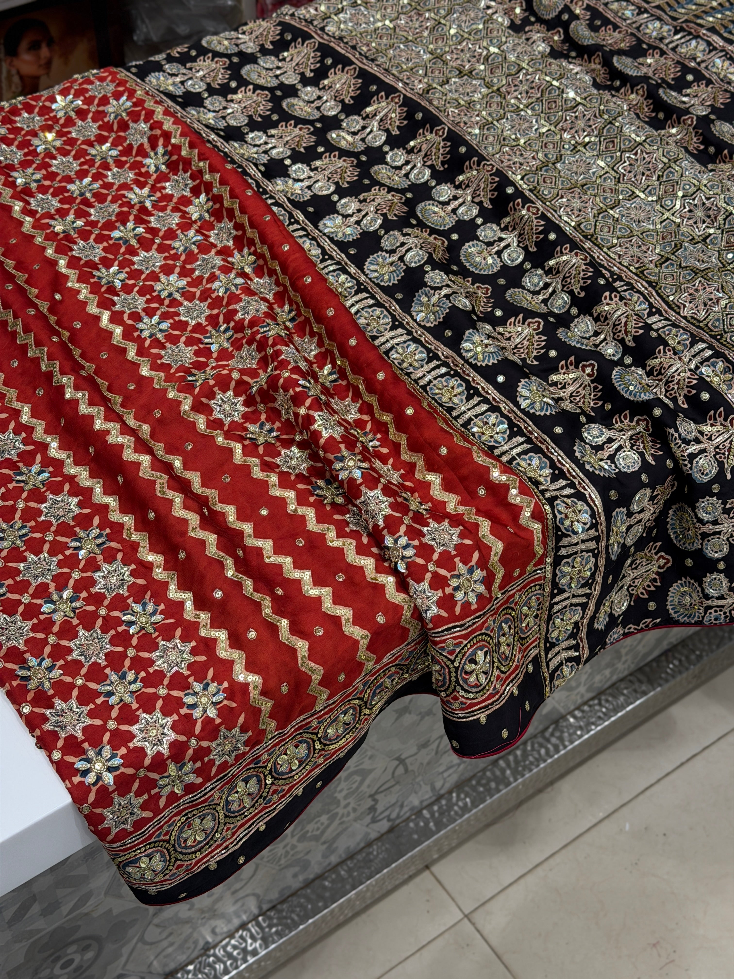 Red Black Jaal Pita Sequin Ajrakh Hand Embroidery Saree