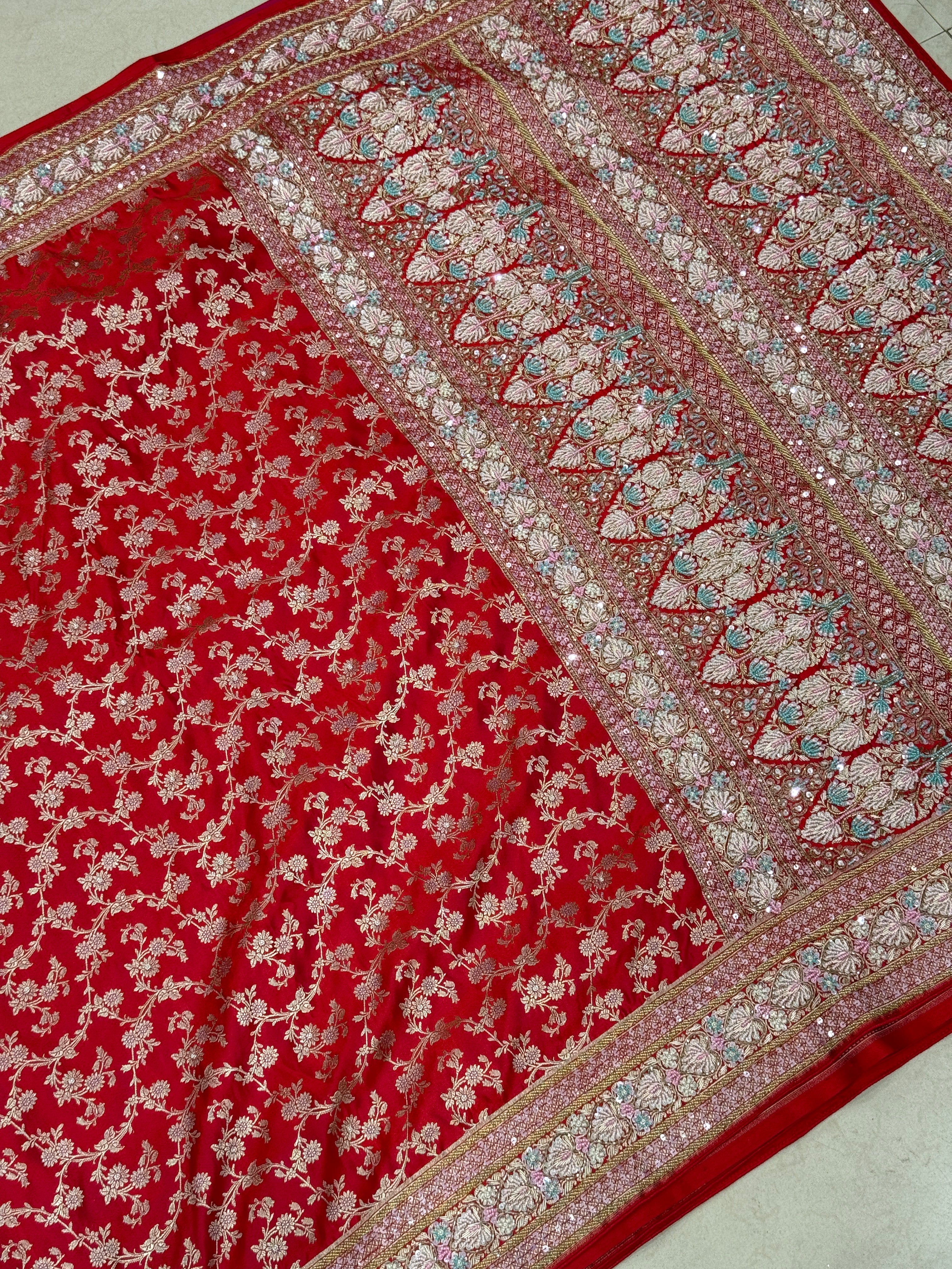 Red Banarasi Silk Heart Border Fancy Hand Embroidery Saree