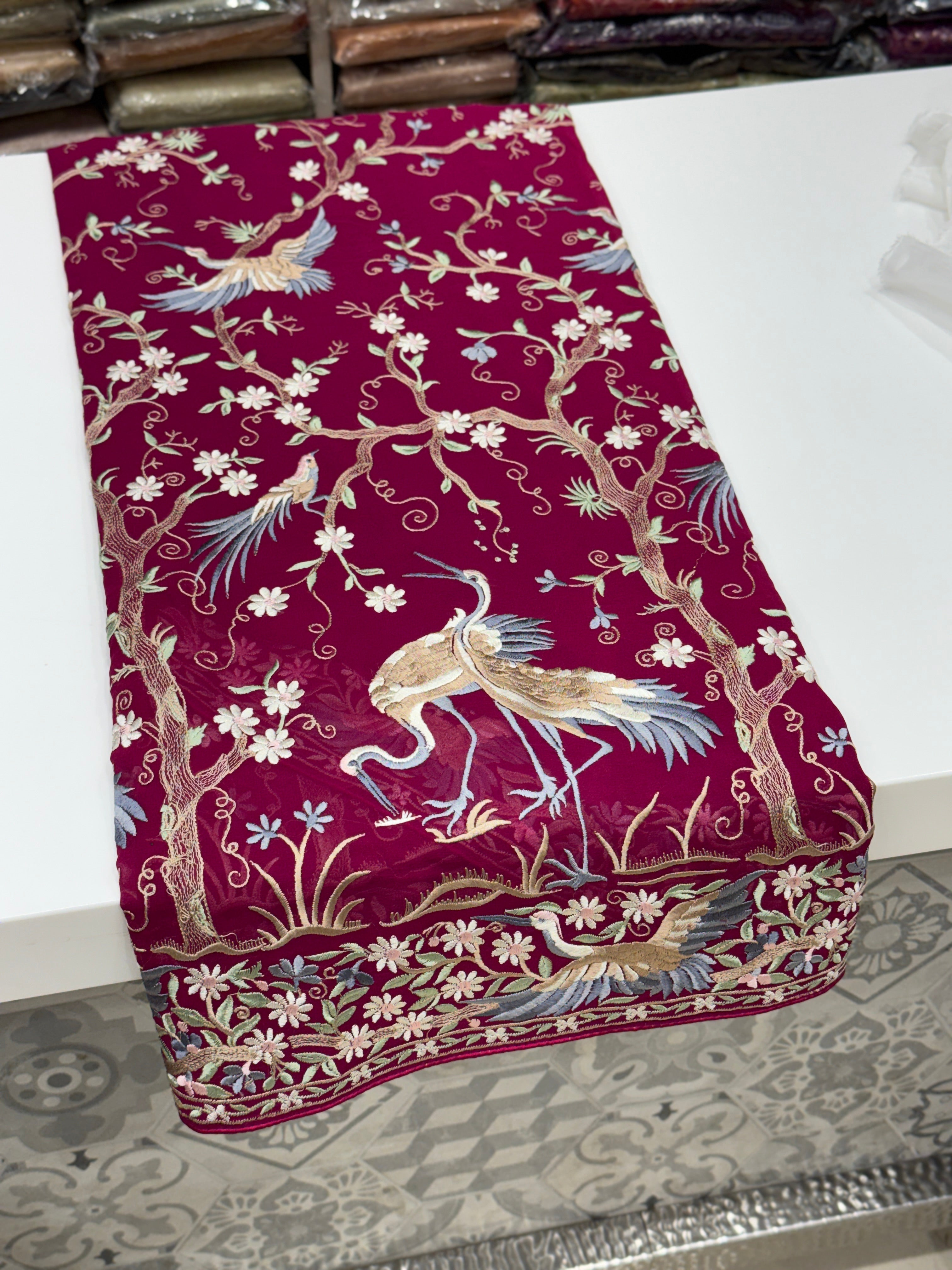 Cross Wine Tree Of Life Flamingo Parsi Gara Saree