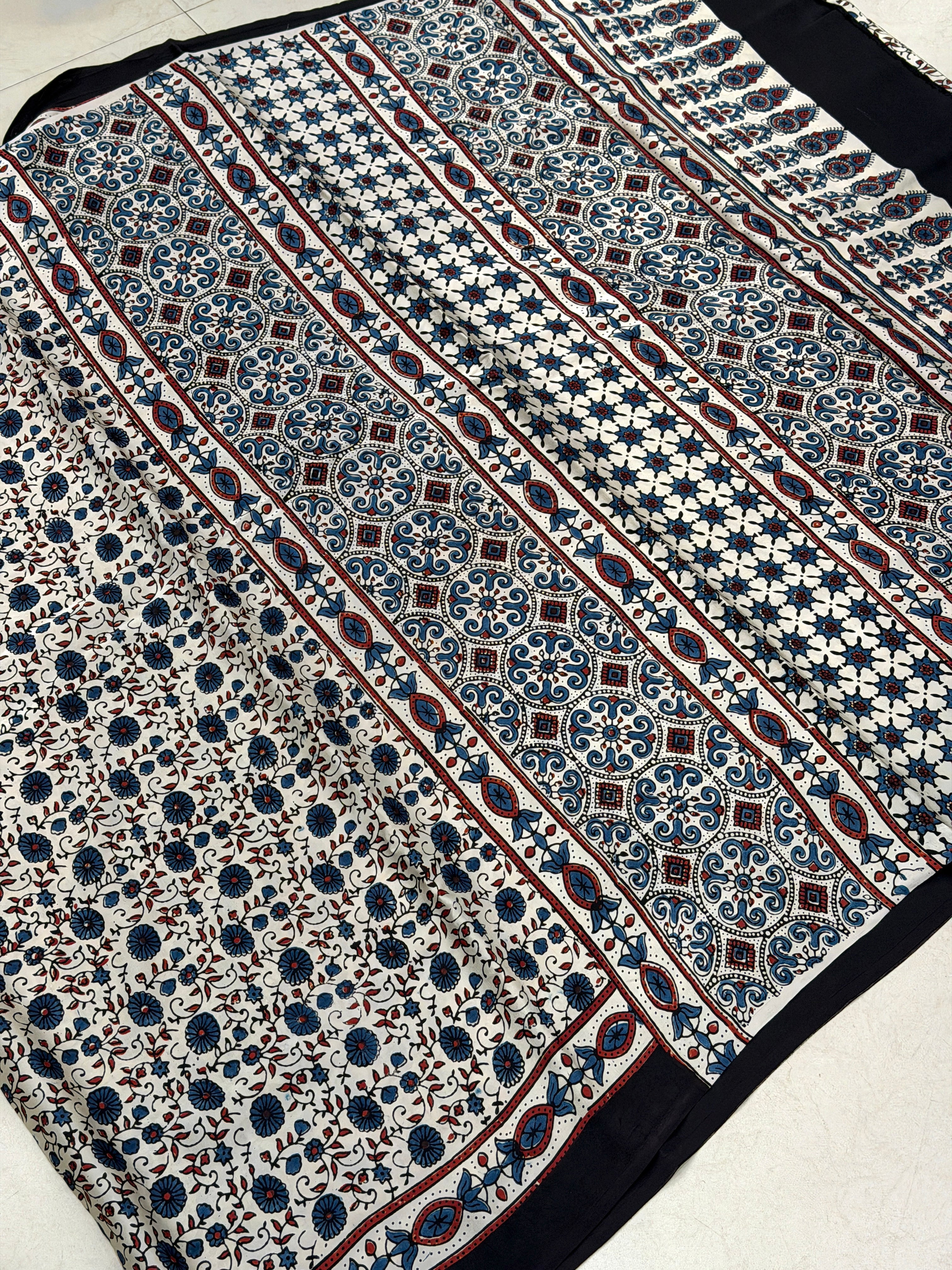 White Floral Jaal Ajrakh Hand Block Print Pure Modal Silk Saree