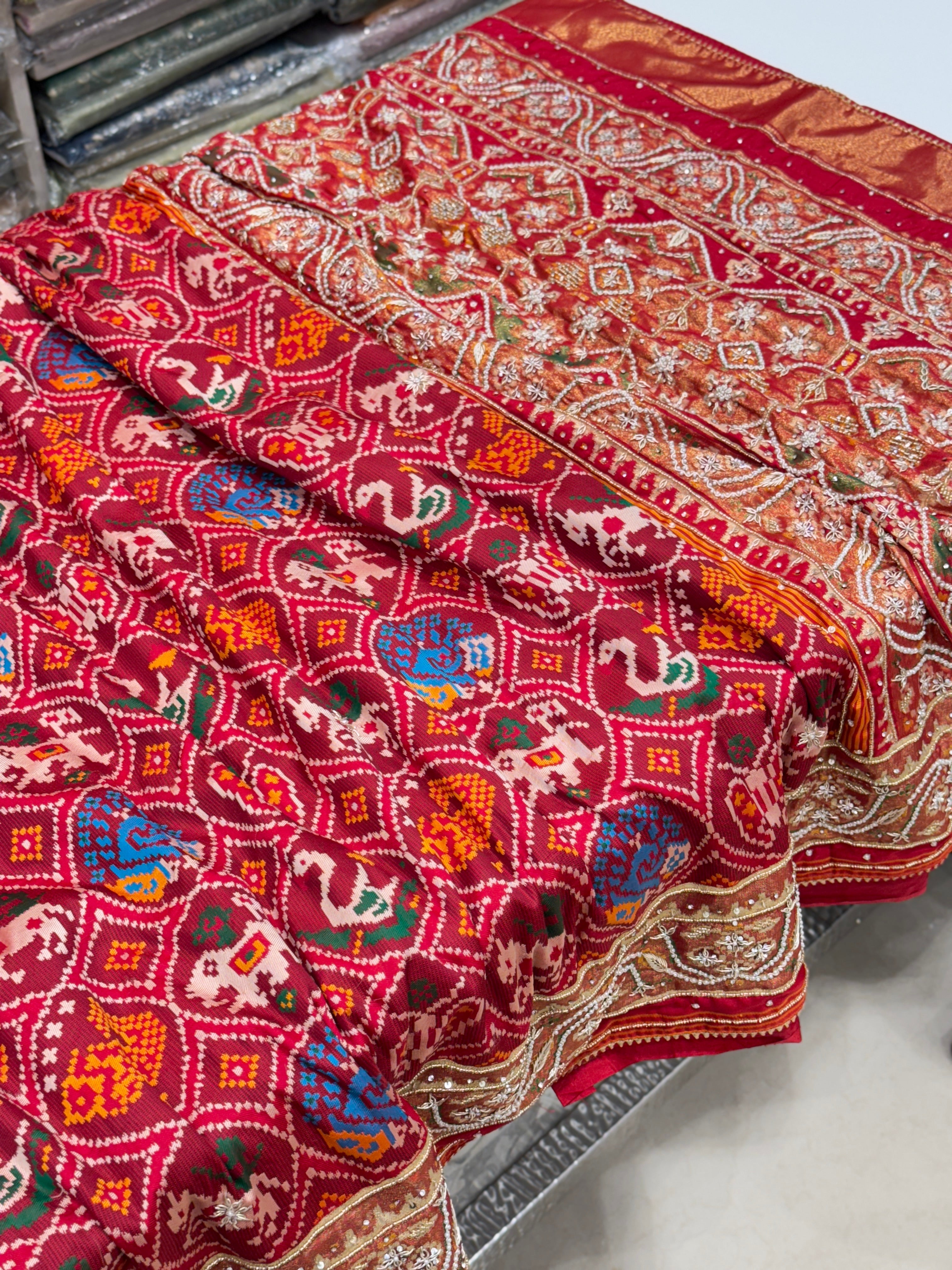 Maroon Patola Figures Zardosi Embroidery Saree