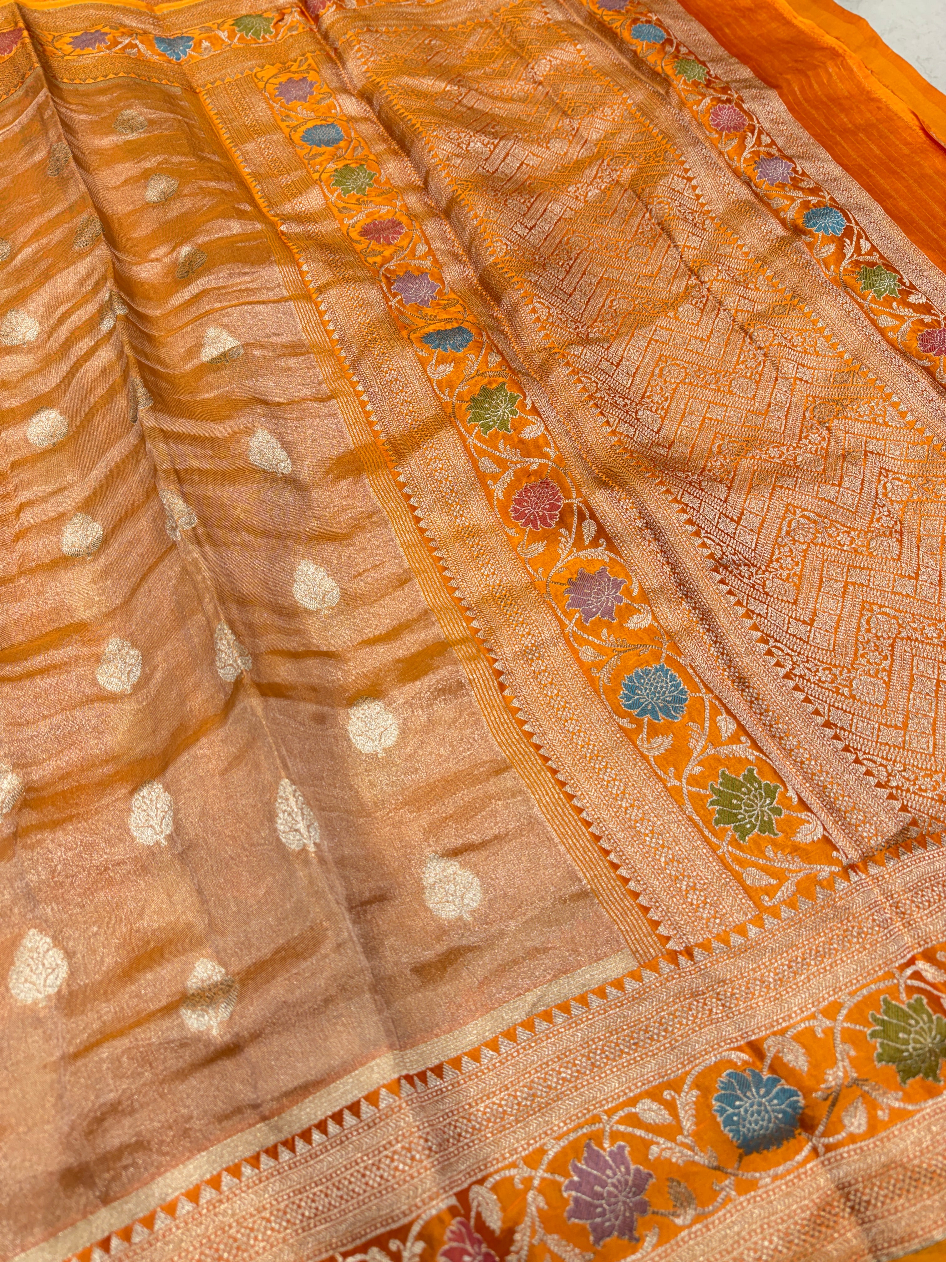 Rust Orange Banarasi Tissue Meenakari Satin Weaved Border Saree