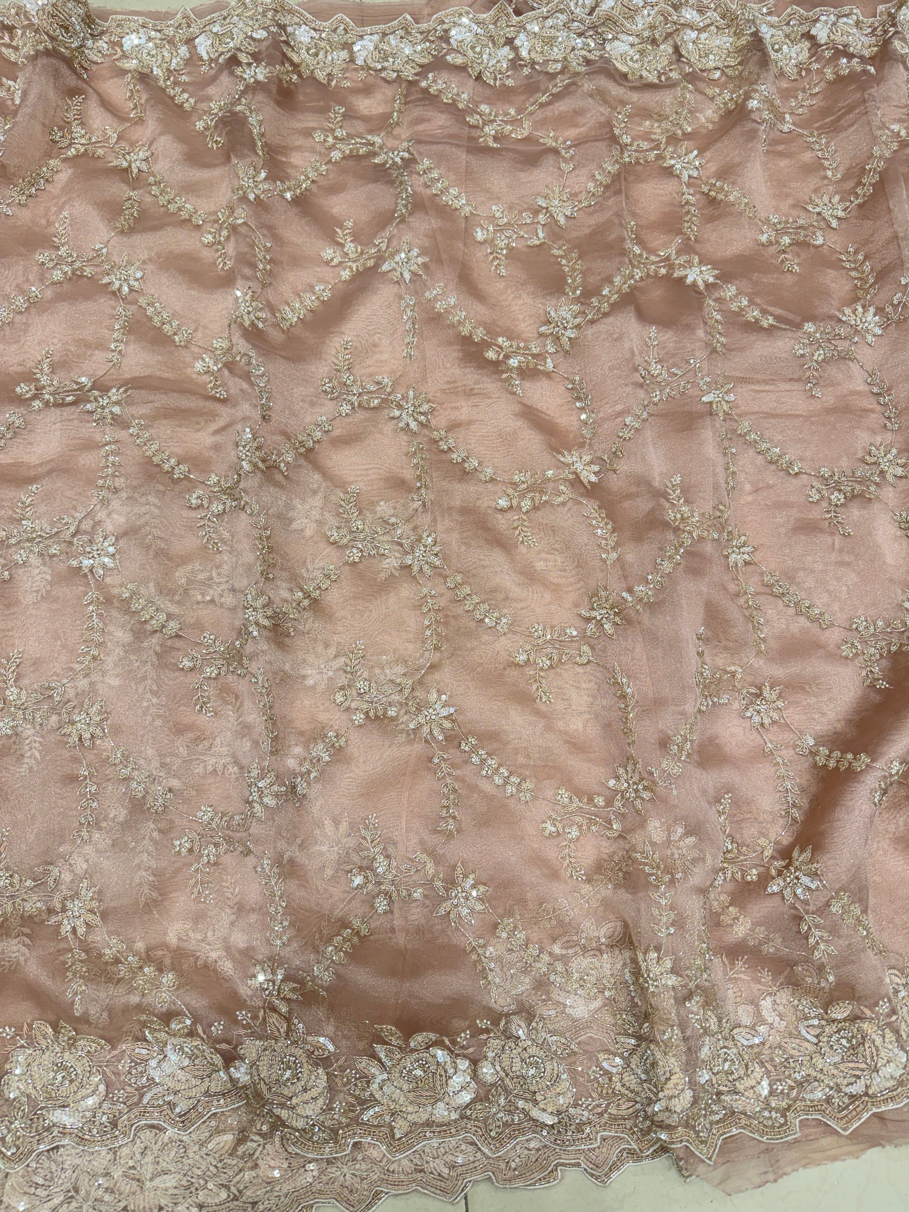 Nude Pink Tissue Organza Zardosi Moti Sequin Jaal Hand Embroidery Saree