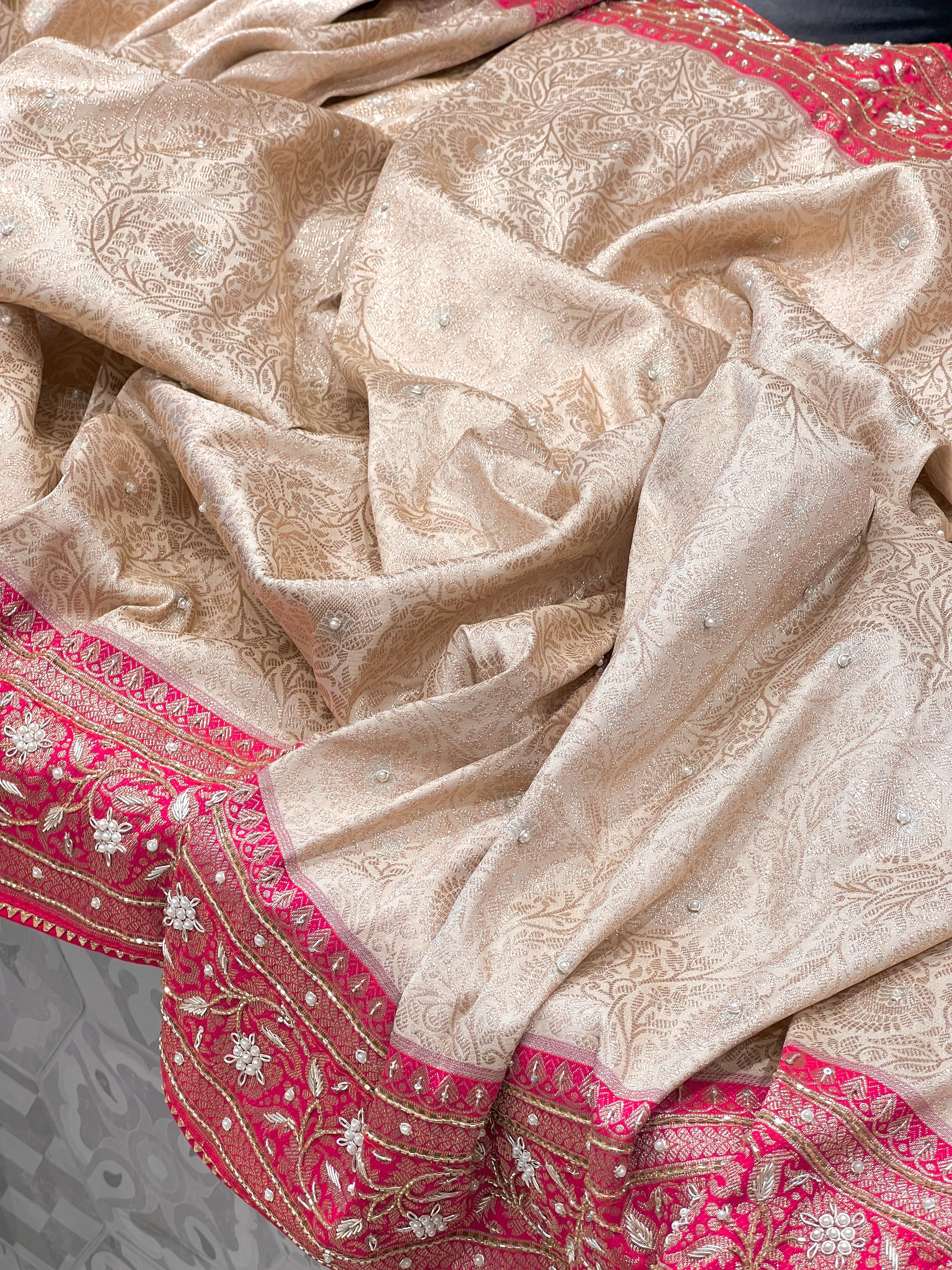 Beige Banarasi Reddish Pink Border Hand Embroidery Saree