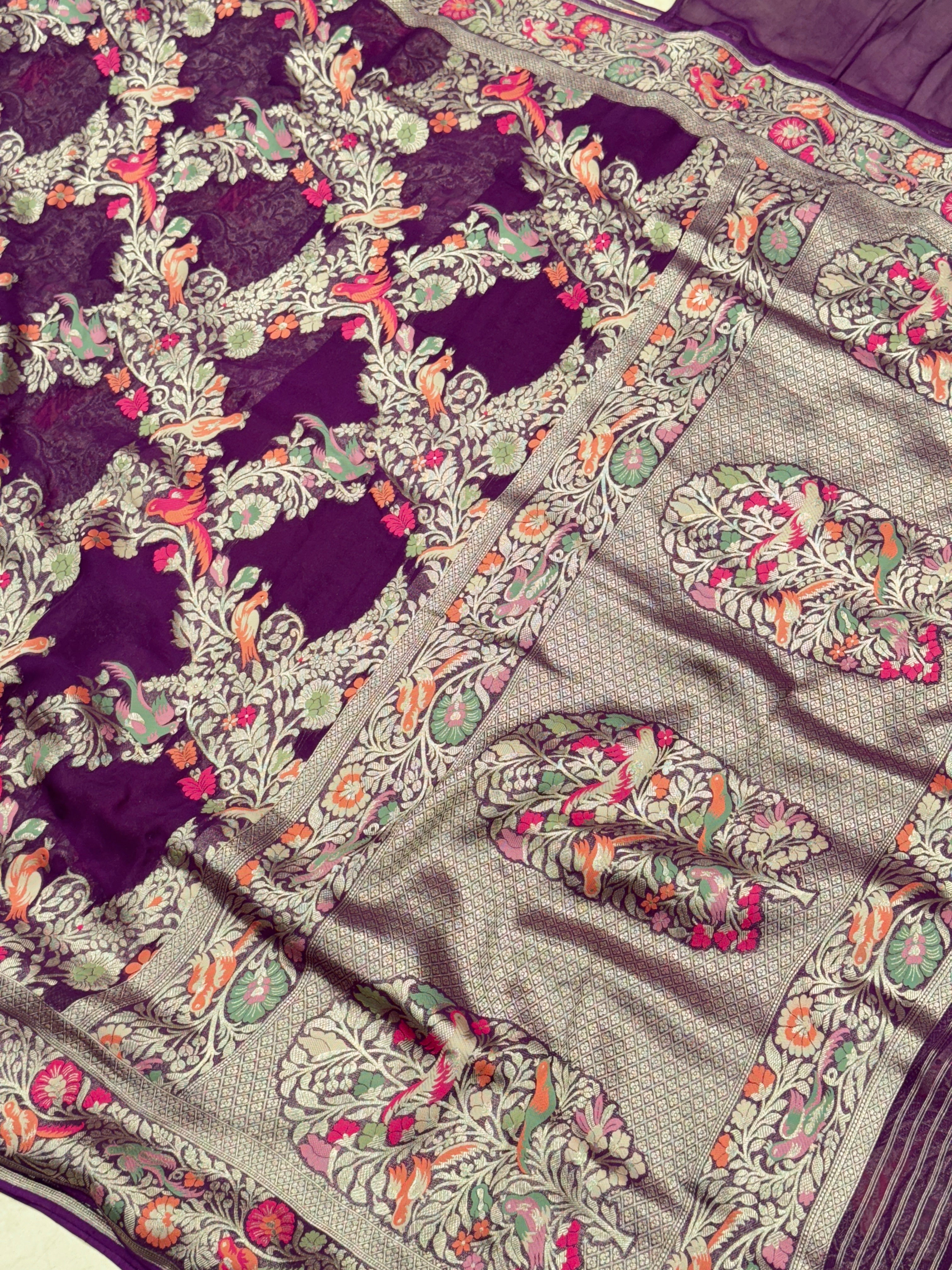 Purple Georgette Criss Cross Birds Theme Saree