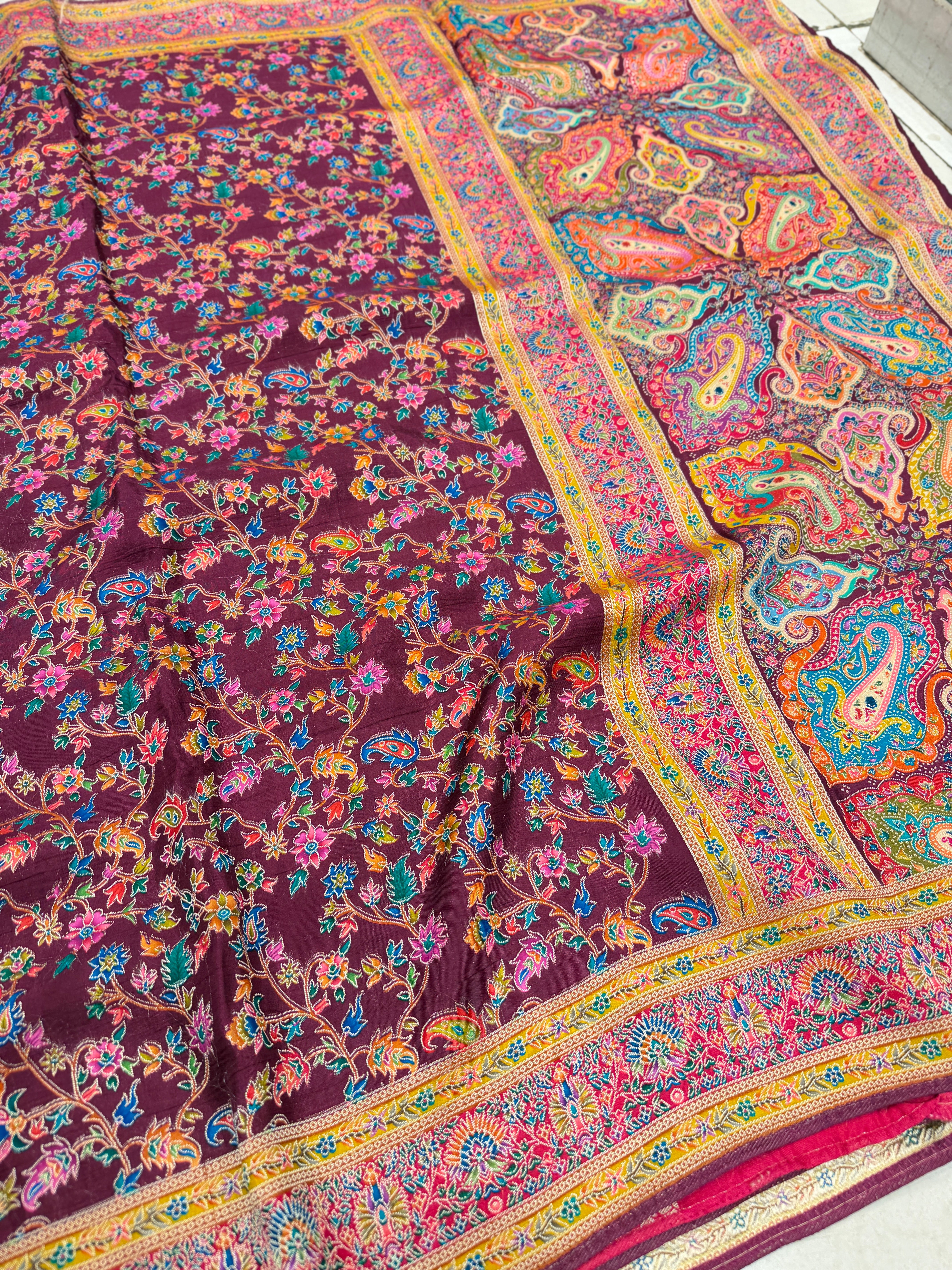 Maroonish Wine Weaved Pashmina Style Multi Colour Saree