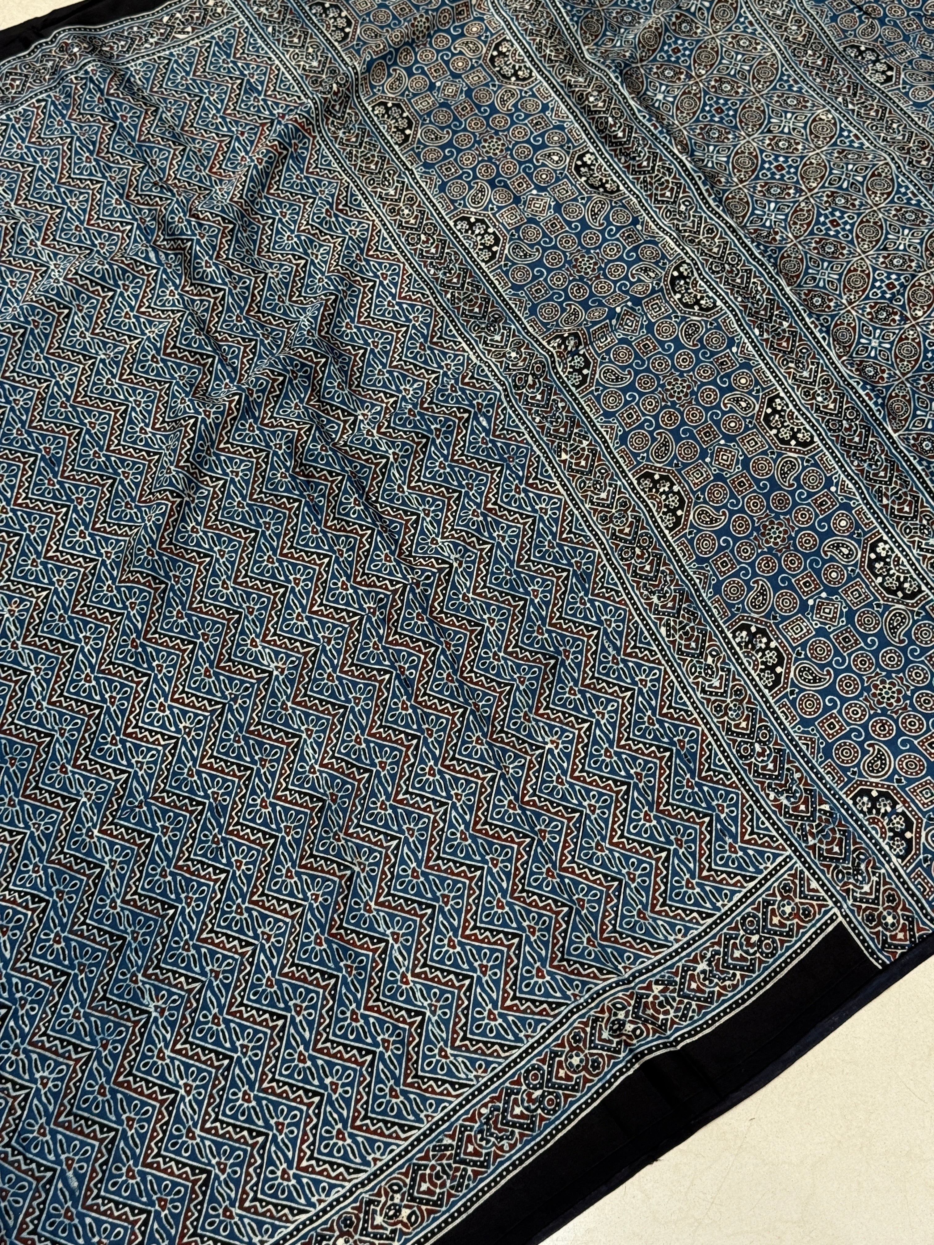 Blue Zig Zag Jaal Ajrakh Block Print Hand Pure Gajji Silk Saree