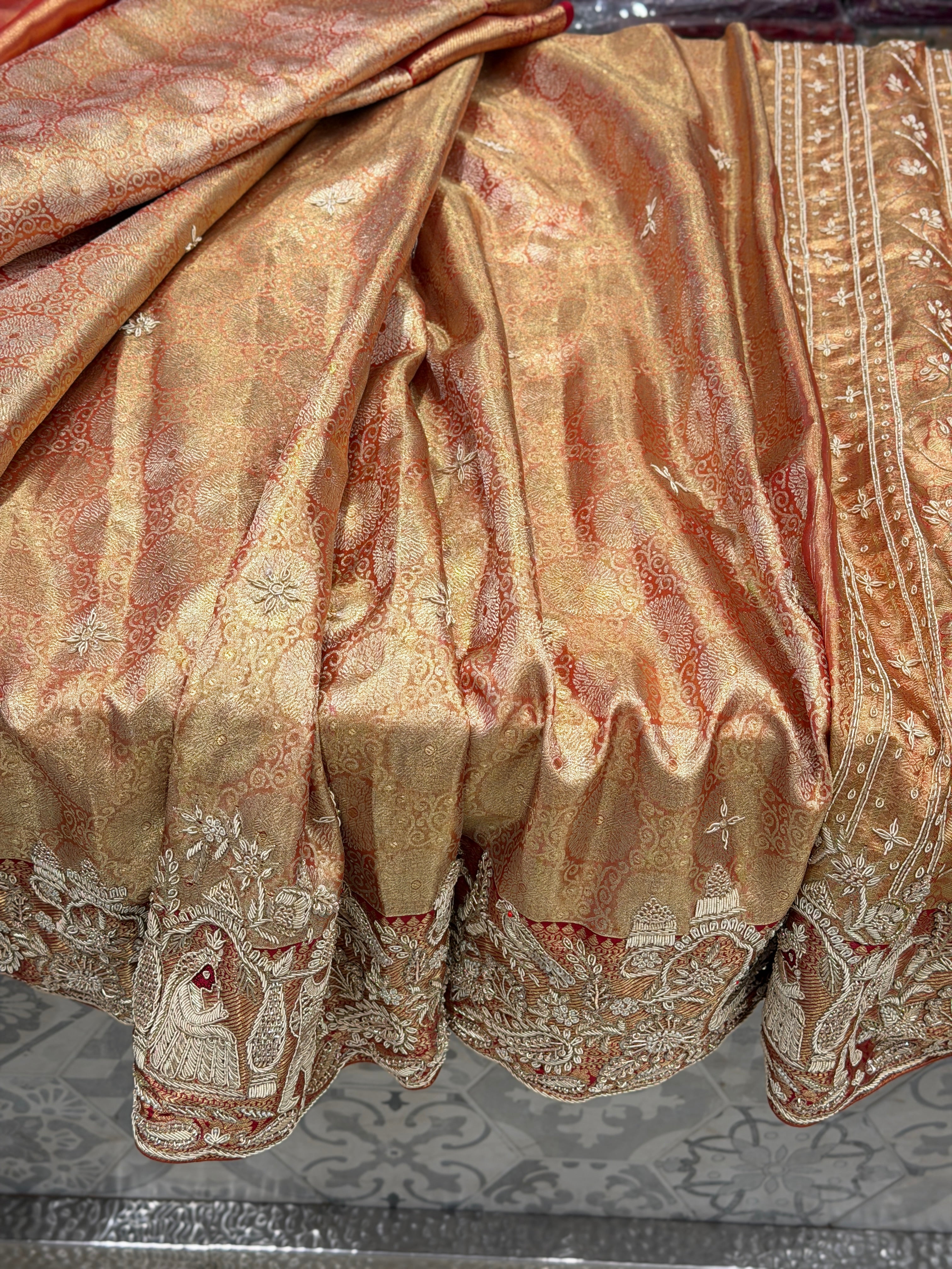 Red Tissue Kanjivaram Zardosi Doli Hand Embroidery Saree