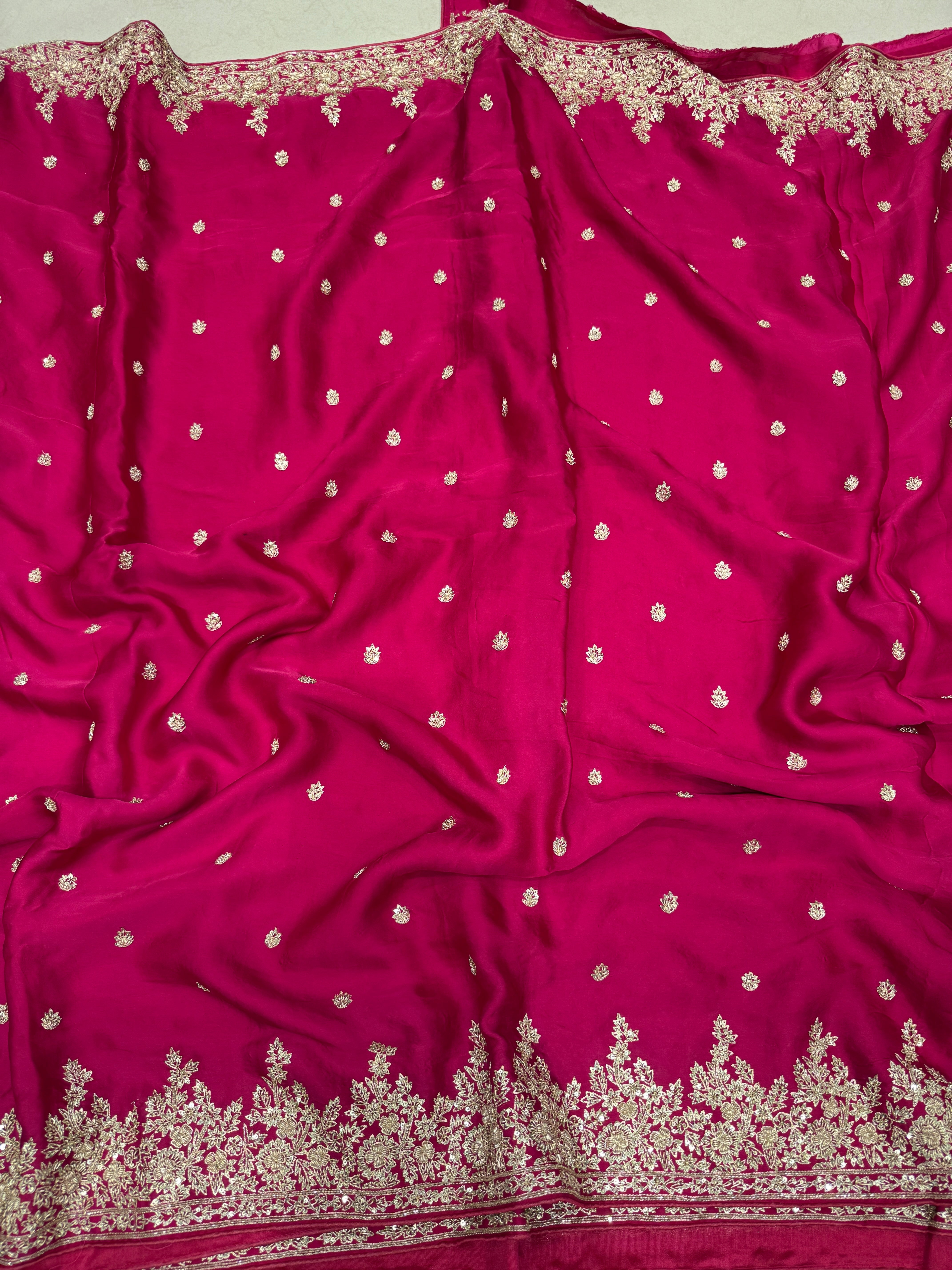 Rani Pink Small Buttis Satin Hand Embroidery Zardosi Saree