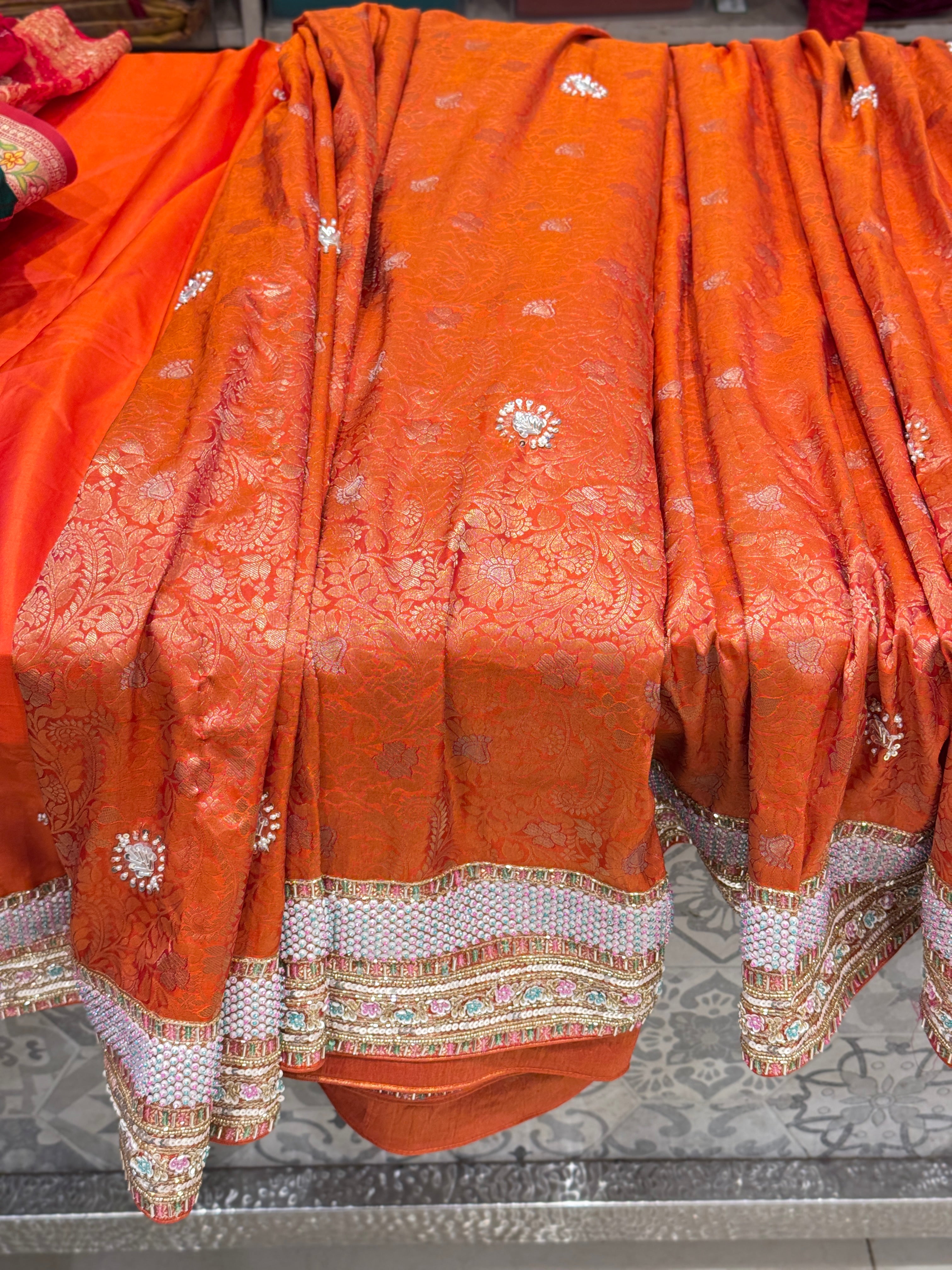 Rust Orange Kanjivaram Silk Hand Embroidery Saree