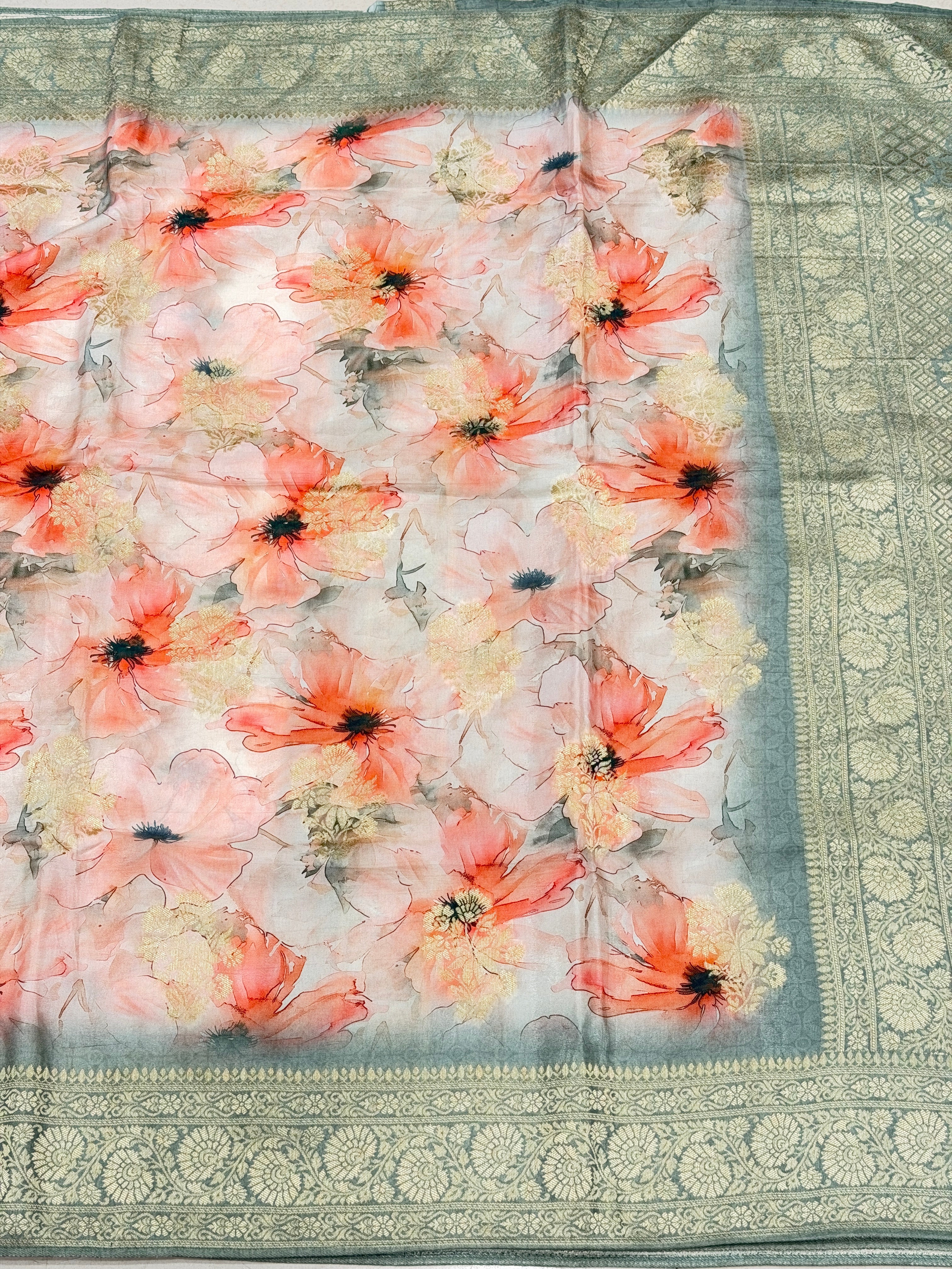 Soft Grey Floral Multi Colour Print Munga Soft Silk Saree