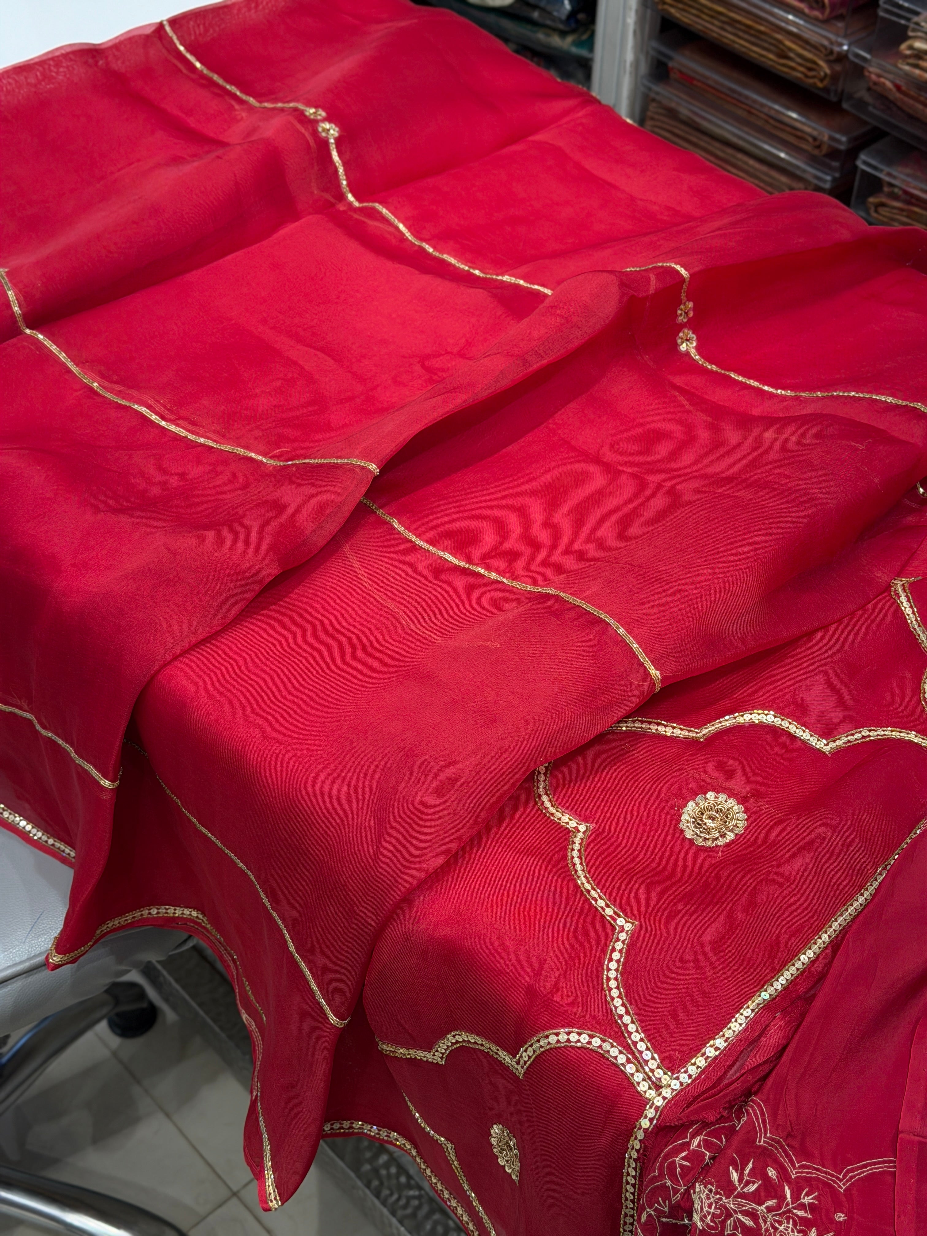 Red Pure Organza Raw Mango Inspired Contemporary Zardodi Moti Sequin Hand Embroidery Saree
