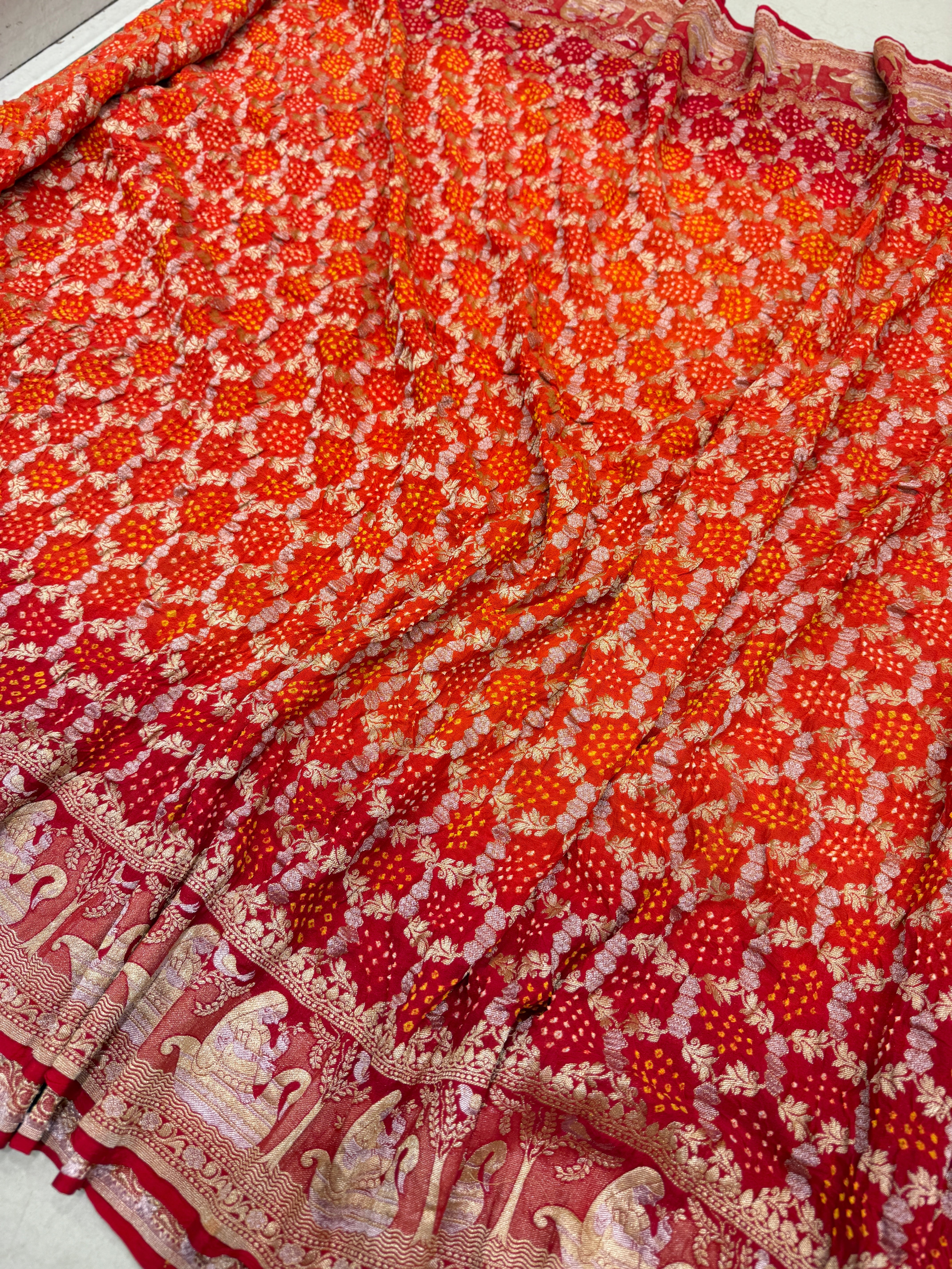 Orange Red Shaded Doli Border Sona Roopa Rai Bandhej Georgette Bandhini Saree