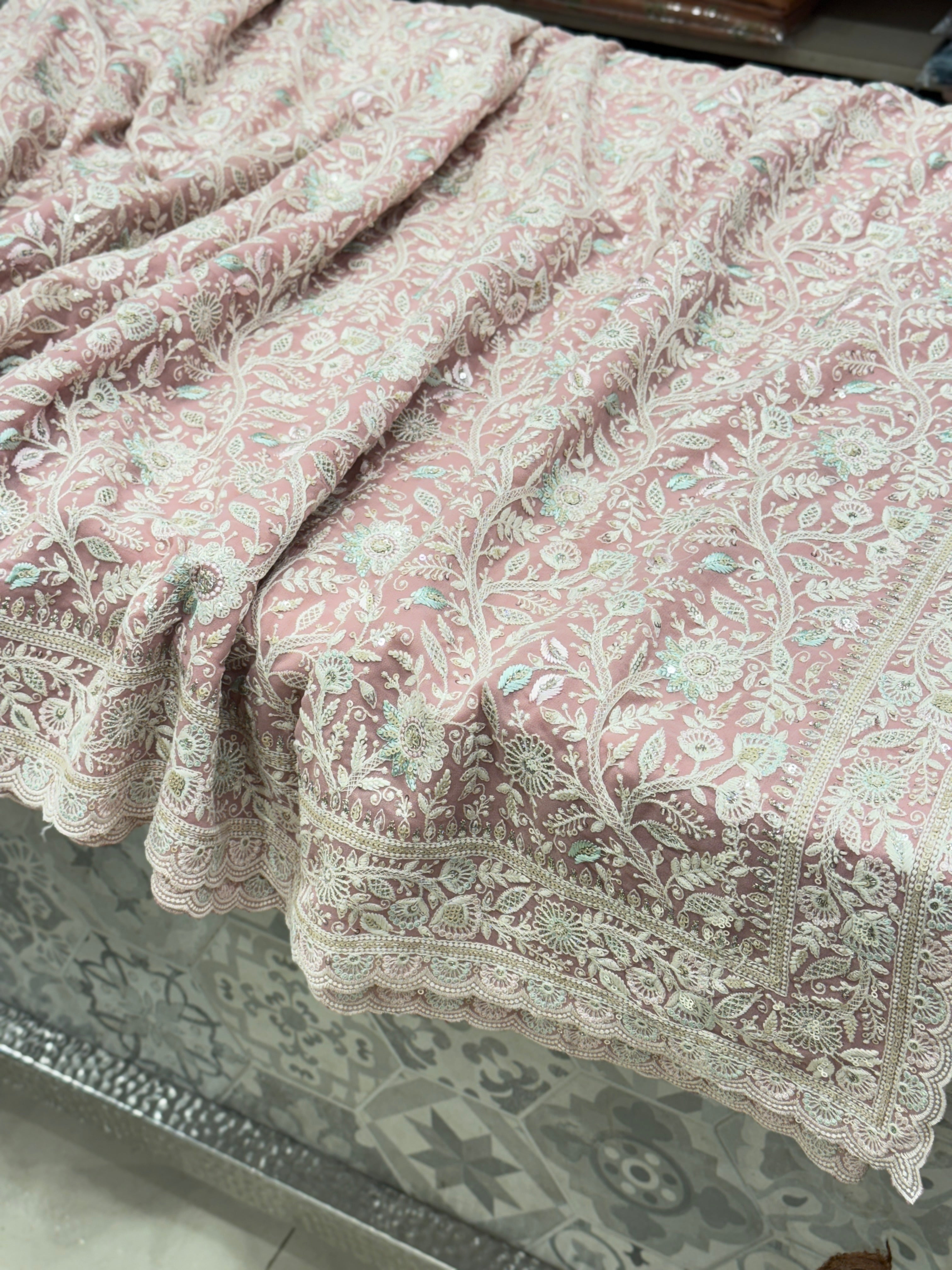 Pink Meenakari Chikankari Scallop Design Saree