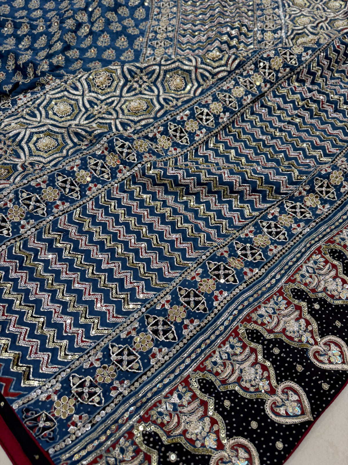 Blue Keri Butti Pita Sequin Ajrakh Hand Embroidery Saree